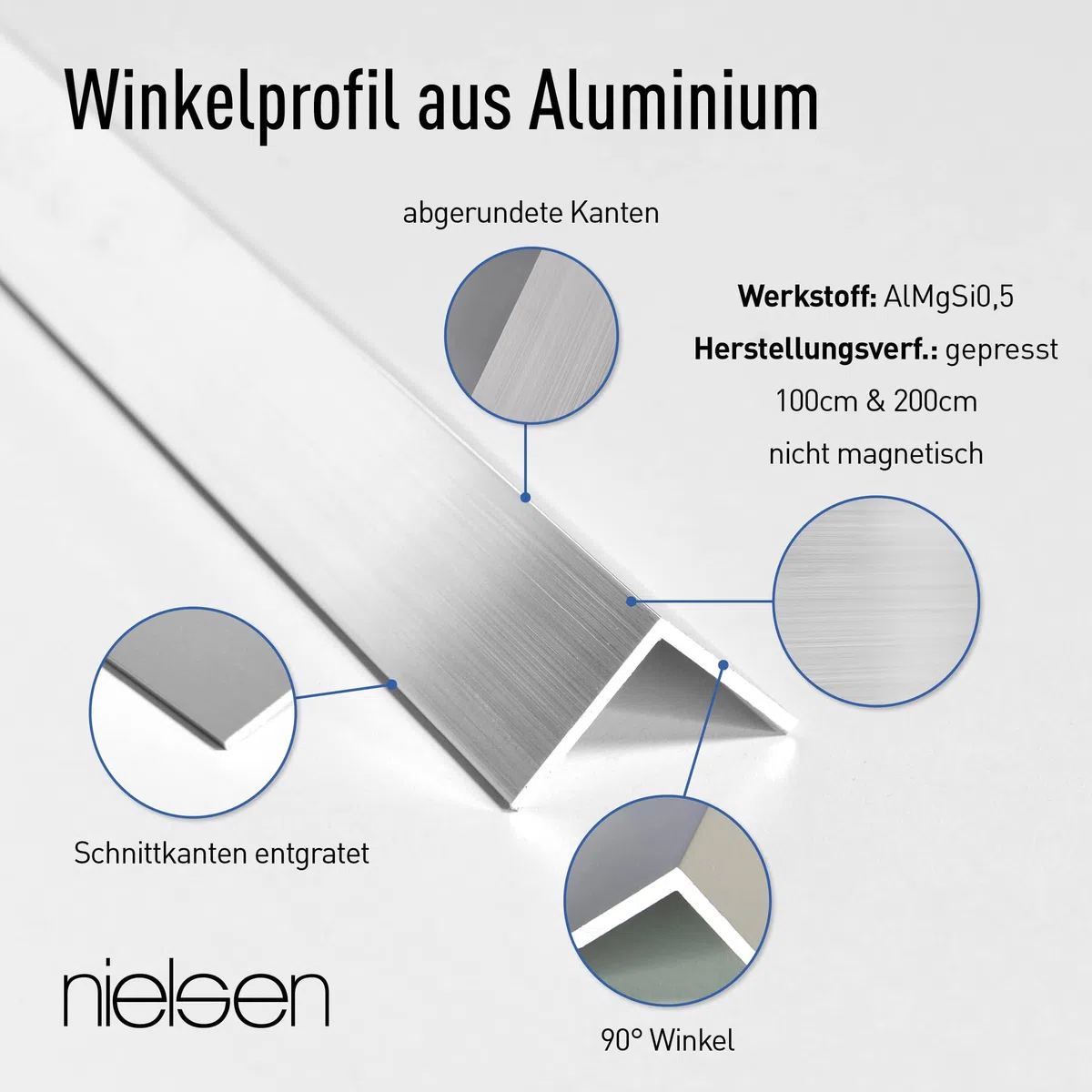 nielsen Aluminium Winkelprofil Natur (Pressblank) 2000x50x50 mm, Stärke: 2 mm, Länge: 200 cm, gleichschenklig, Made in Germany, Eckschutzprofil, Kantenschutz, Abschlußprofil, Ausgleichswinkel