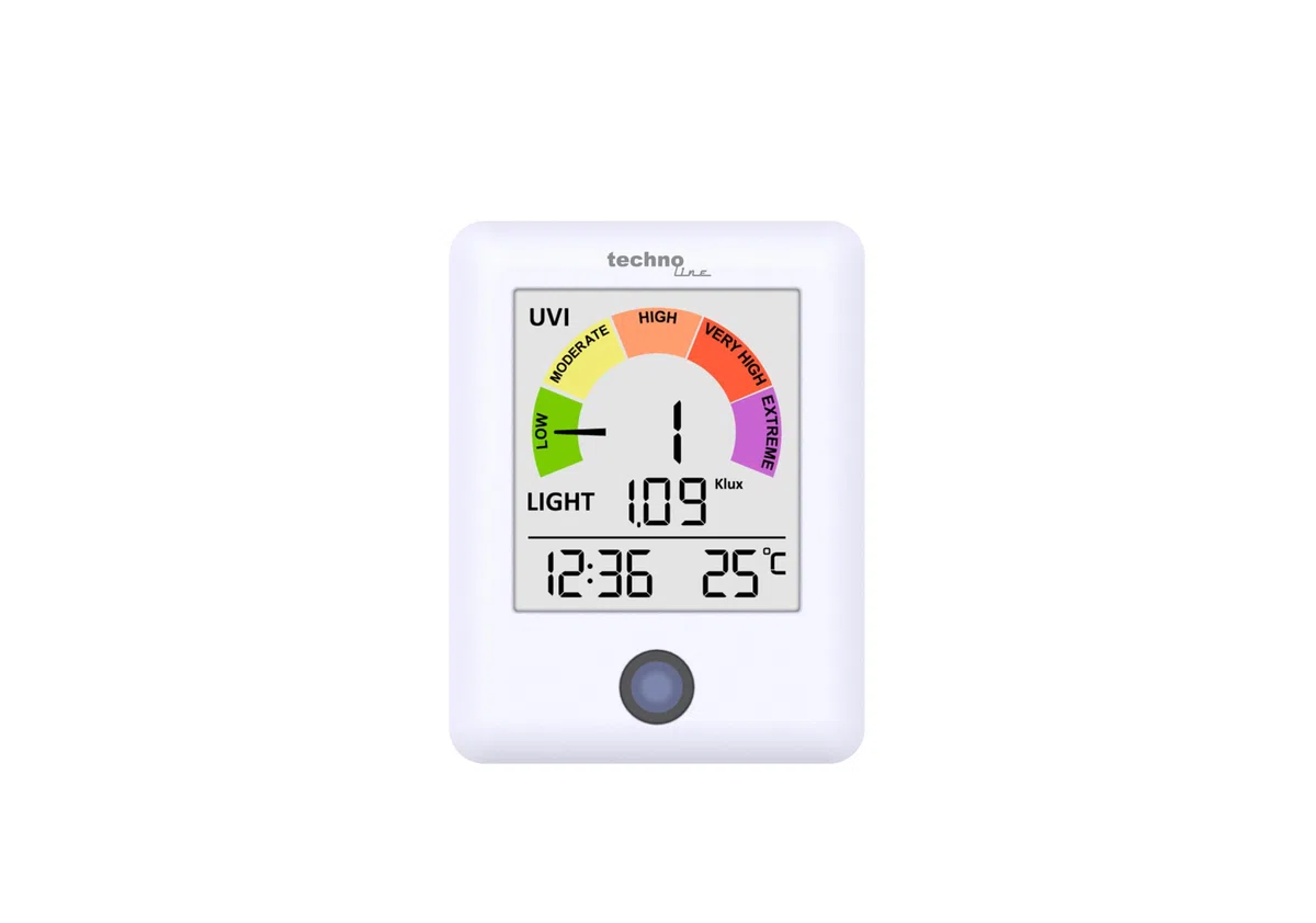 technoline WS9320 UV-Strahlungsmonitor mit UV-Index & Lichtmesser | Echtzeit UV-Messung alle 60 Sekunden | Innenraumtemperatur & Uhrzeit | UV-Warner mit Farbskala | Lichtintensitätsmesser bis 300 Klux
