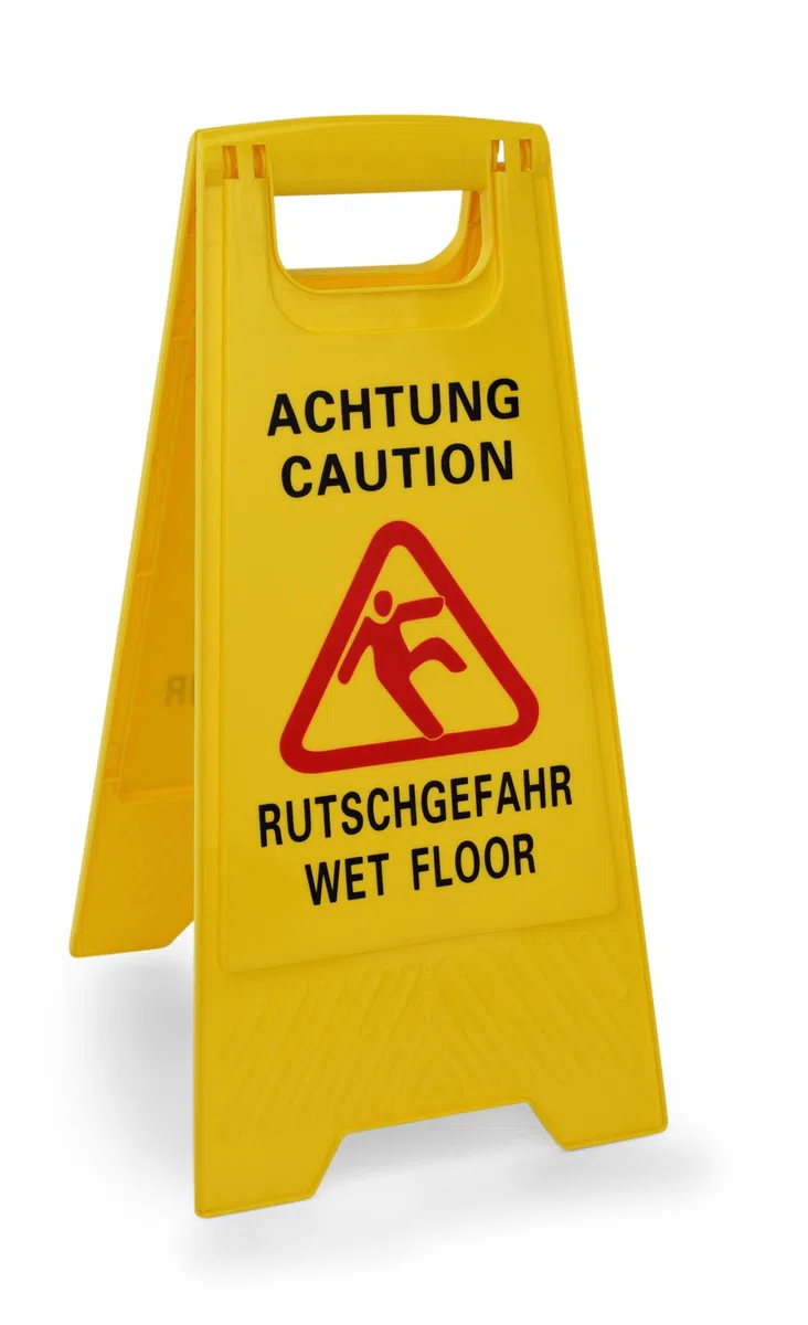 Aufsteller aus Kunststoff beidseitig beschriftet: Achtung Rutschgefahr & Caution Wet Floor – Höhe: 63 cm