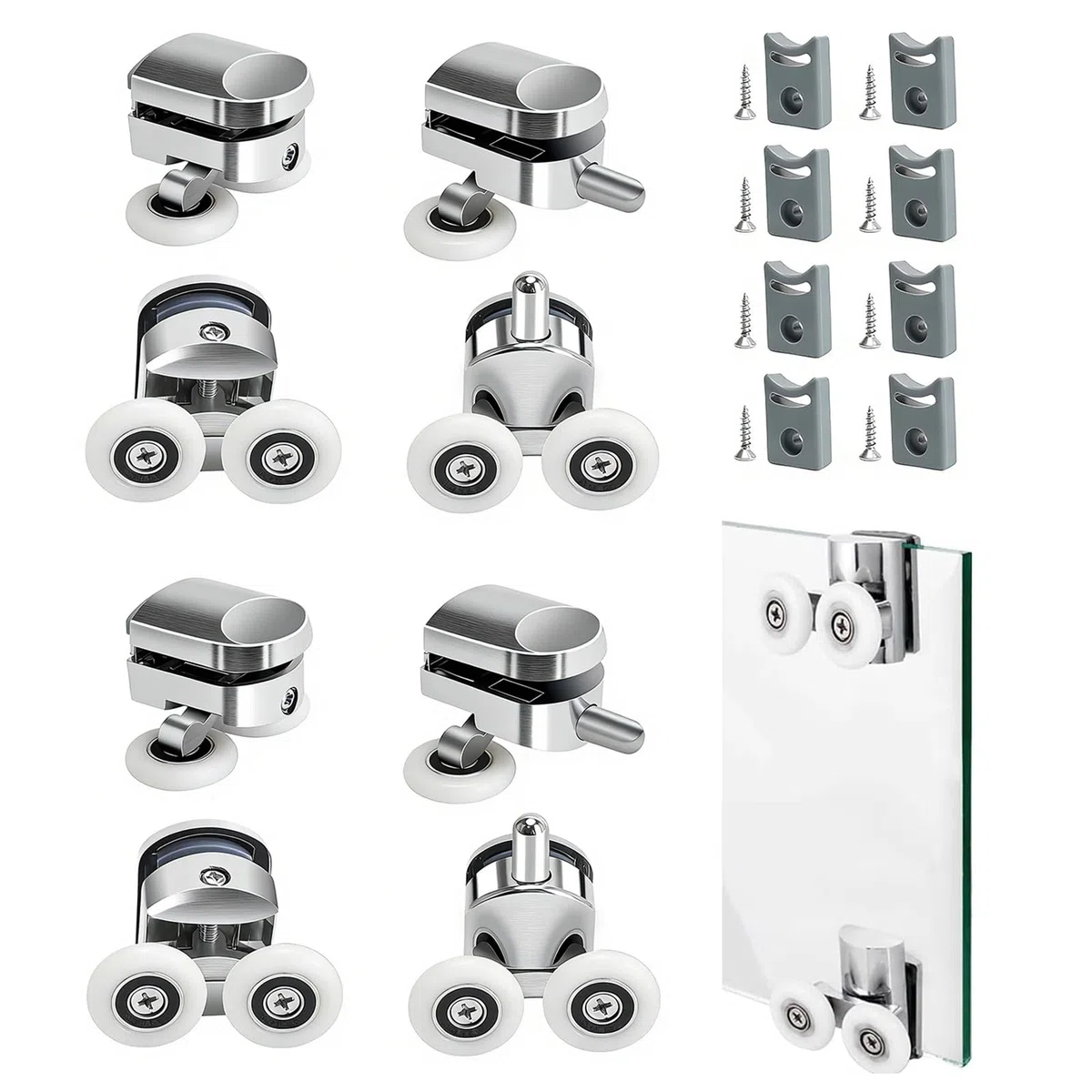 8 Stück Duschtürrollen Ø 25 mm, Robuste Zinklegierung Laufrollen für Schiebetüren Duschkabinen, Leise Rostfrei Ersatzrollen für 4-6 mm Glas Badezimmer, 4 Oben 4 Unten Duschkabinen Ersatzteile