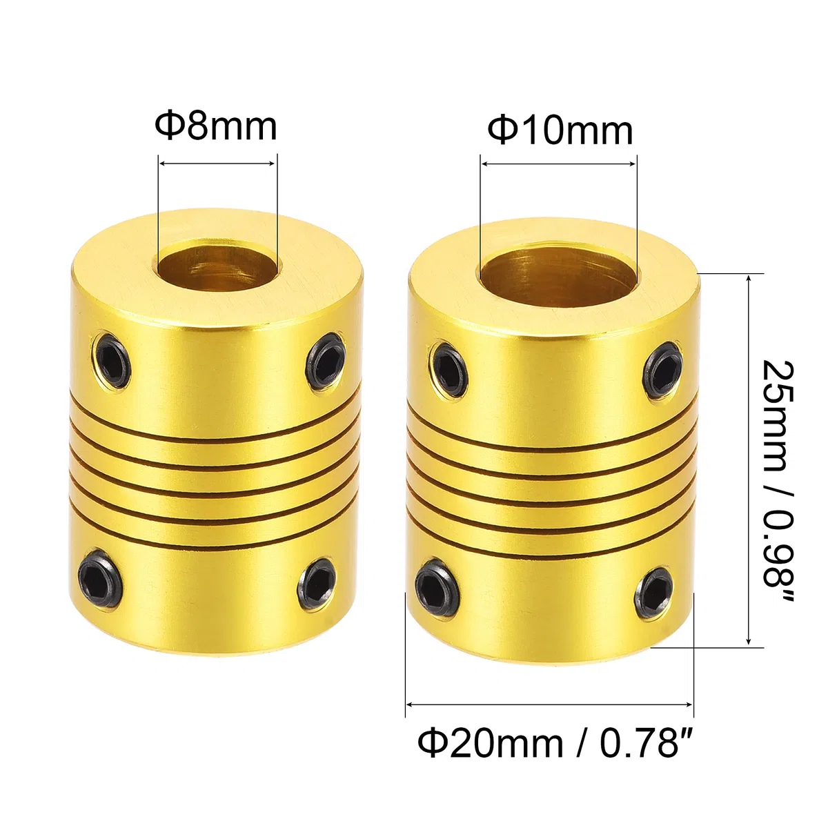 sourcing map 5Stk. 10mm bis 8mm Aluminiumlegierung Flexible Wellenkupplung L25xD20 Goldton