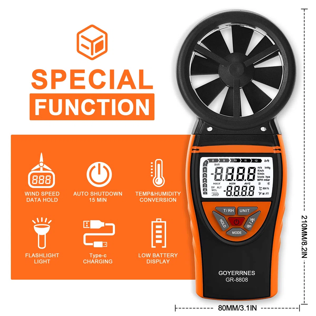 Handheld Windmesser Digitaler Anemometer 0.3~30m/s Windgeschwindigkeitsmessgerät, GR-8808,das Temperatur für Navigation,Segelwettbewerb,verschiedene Ventilatorherstellungsindustrien, Datenaufbewahrung