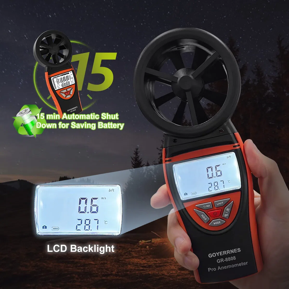 Handheld Windmesser Digitaler Anemometer 0.3~30m/s Windgeschwindigkeitsmessgerät, GR-8808,das Temperatur für Navigation,Segelwettbewerb,verschiedene Ventilatorherstellungsindustrien, Datenaufbewahrung