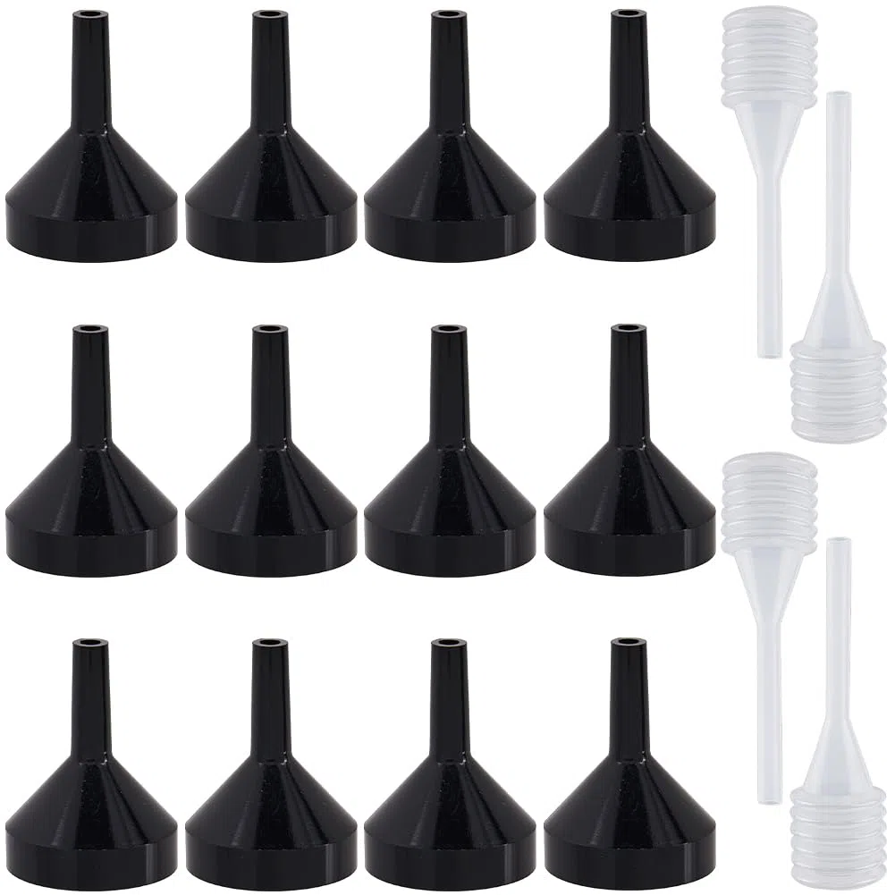 GORGECRAFT 12 Stück 34x25mm Schwarzer Aluminiumtrichter Mini Trichter Aus Metall Für Ätherische Öle Mit 4 Stück Durchsichtiger Kleiner Pipette Mini Tropfer Zum Befüllen von Kleinen Flaschen Oder Behäl