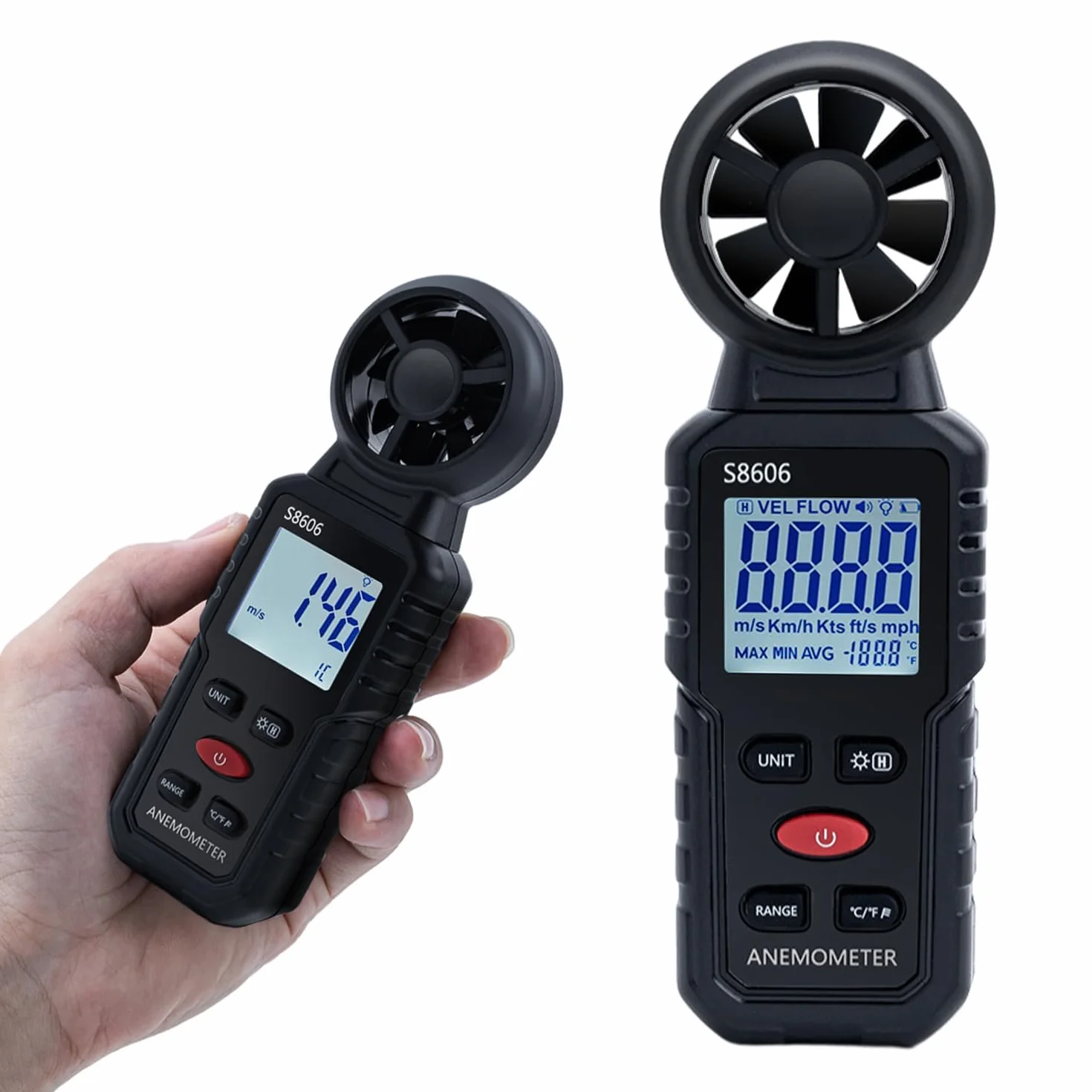 Digitaler Windmesser Anemometer Handheld, 3 in 1 Windmessgerät mit Windgeschwindigkeit, Temperatur & Windchill Messung, Beaufort-Skala 1-12, 5 Einheiten, MAX/MIN/AVG, für HVAC/Drohne/Outdoor