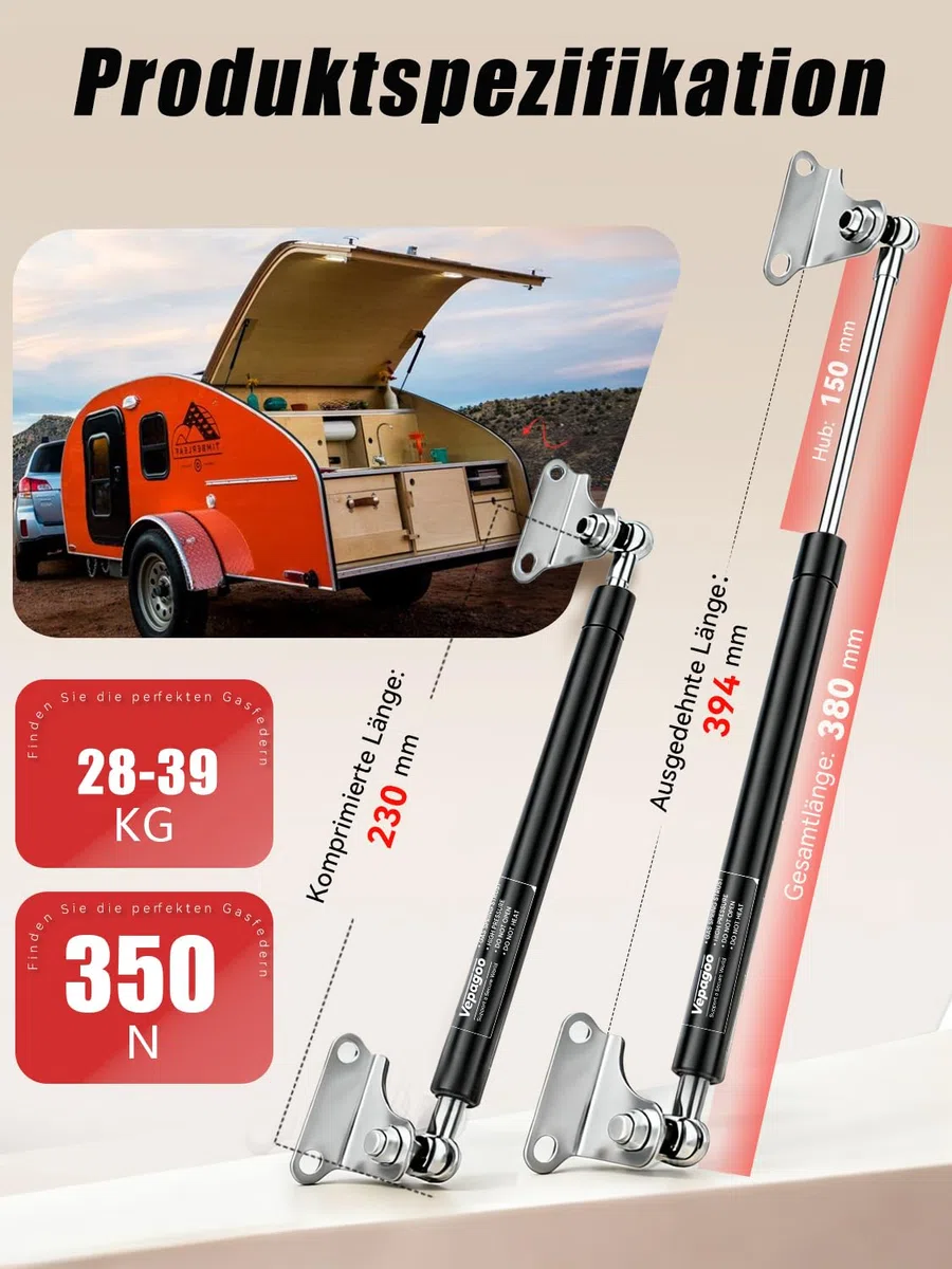 Vepagoo 380 mm, 356 N / 40kg Gasfeder, universell einstellbare Hubstützfeder mit Montageset für Ottomane-Bett, schwere Klappe, Bodenluke und andere kundenspezifische Schwerlastprojekte, 2 Stück