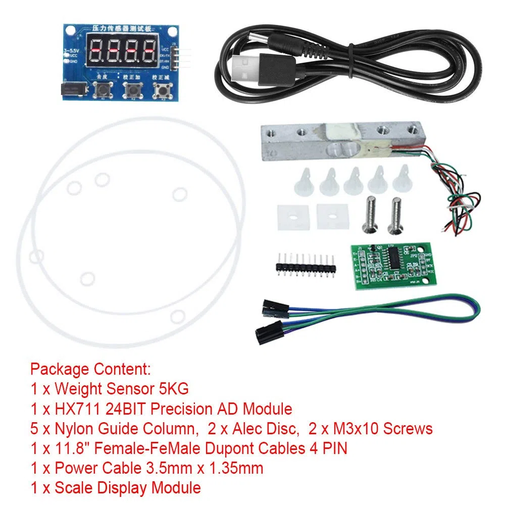 HX711 Gewichtssensor Modul Kit Digitales Wägezellen Gewichtssensor A/D Modul 5 kg Tragbare elektronische Küchenwaage für Arduino mit 3.5 mm x 1.35 mm Stromkabel, Waagenanzeigemodul