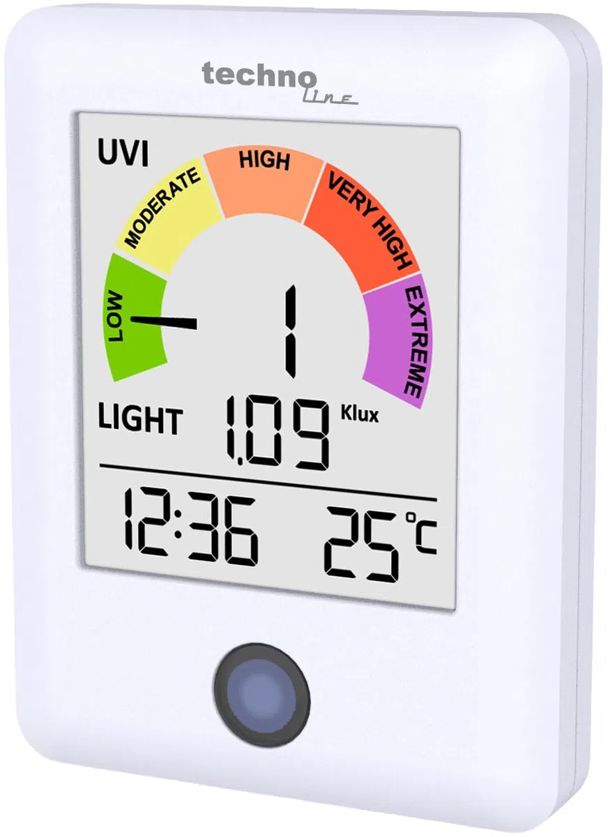 technoline WS9320 UV-Strahlungsmonitor mit UV-Index & Lichtmesser | Echtzeit UV-Messung alle 60 Sekunden | Innenraumtemperatur & Uhrzeit | UV-Warner mit Farbskala | Lichtintensitätsmesser bis 300 Klux