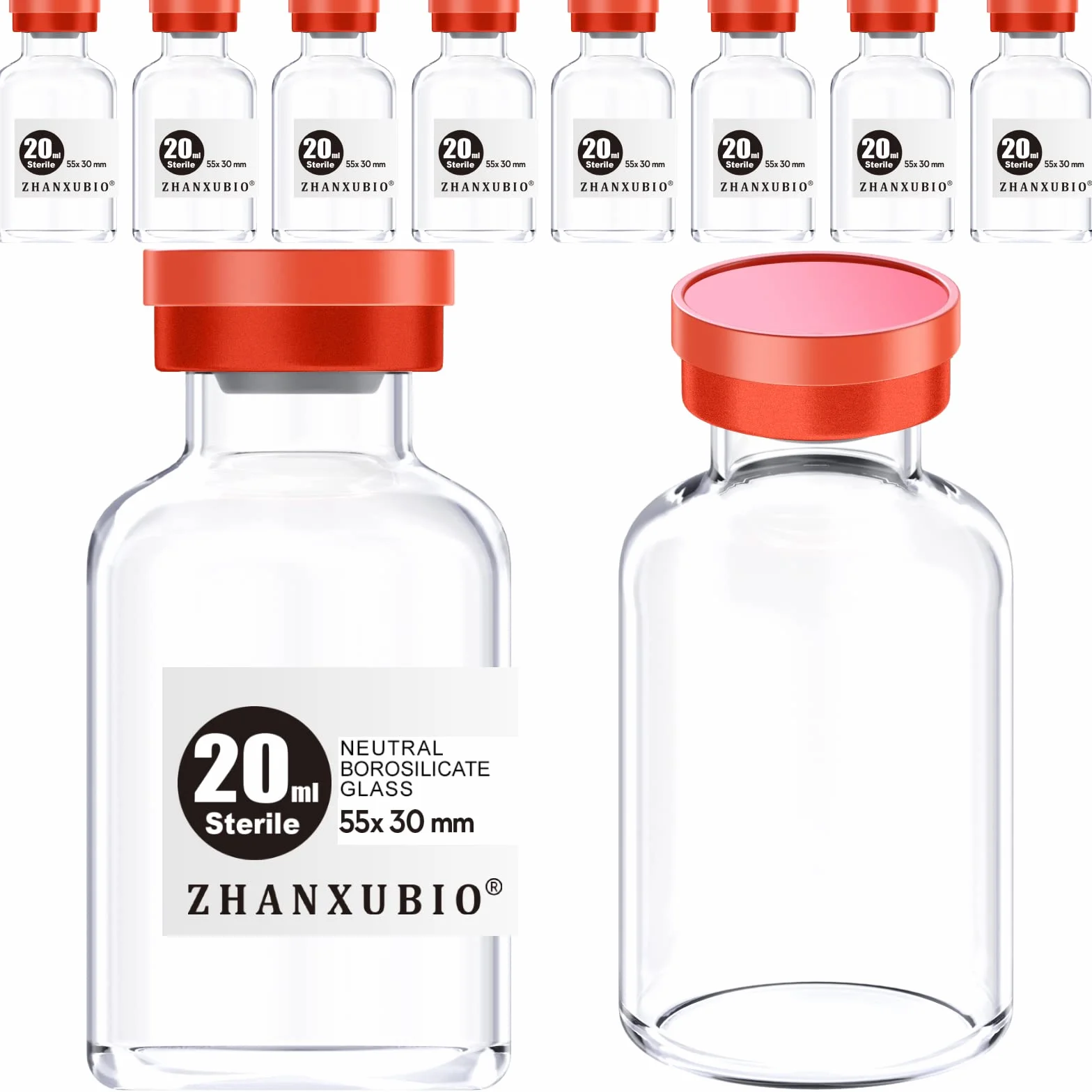 Sterile leere Ampullen mit selbstheilendem Injektionsanschluss und Aluminium-Kunststoffkappe, sterile Verpackung (20 ml, transparent, 10 Stück)