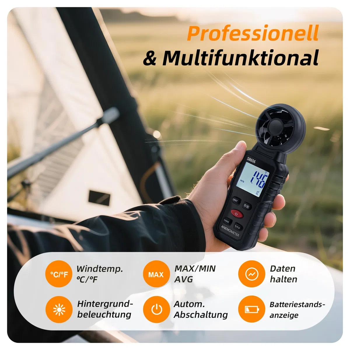 Digitaler Windmesser Anemometer Handheld, 3 in 1 Windmessgerät mit Windgeschwindigkeit, Temperatur & Windchill Messung, Beaufort-Skala 1-12, 5 Einheiten, MAX/MIN/AVG, für HVAC/Drohne/Outdoor