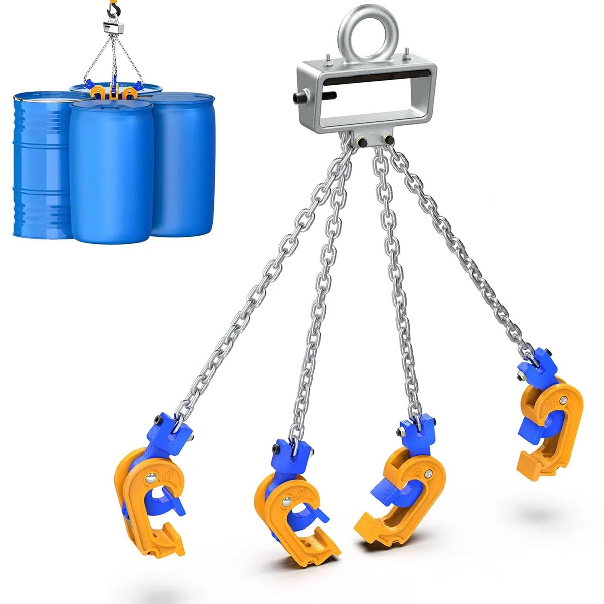 Heavy Duty Barrel Lifting Chain for Plastic & Steel Drums, 4 Hooks Vertical Drum Lifter with Self-Lock Clamp, Sling Handling Equipment for Crane Forklift