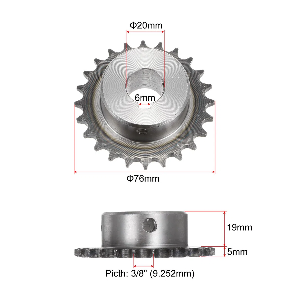 QUARKZMAN ISO/DIN 06B-1 Rollenkettenrad B-Typ, 20mm Bohrung, 3/8" Teilung, A3-Stahl Einzelstrang-Rollenkettenrad gehärtet, 24 Zähne