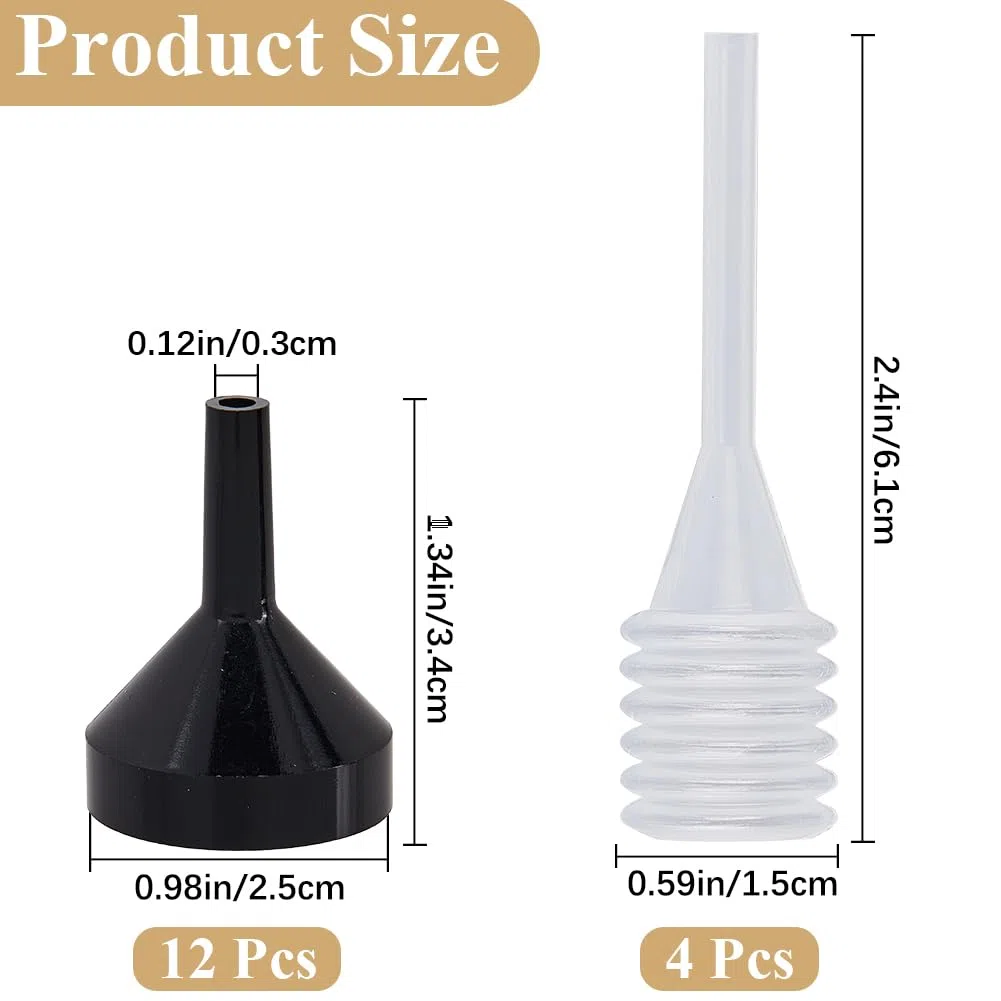 GORGECRAFT 12 Stück 34x25mm Schwarzer Aluminiumtrichter Mini Trichter Aus Metall Für Ätherische Öle Mit 4 Stück Durchsichtiger Kleiner Pipette Mini Tropfer Zum Befüllen von Kleinen Flaschen Oder Behäl