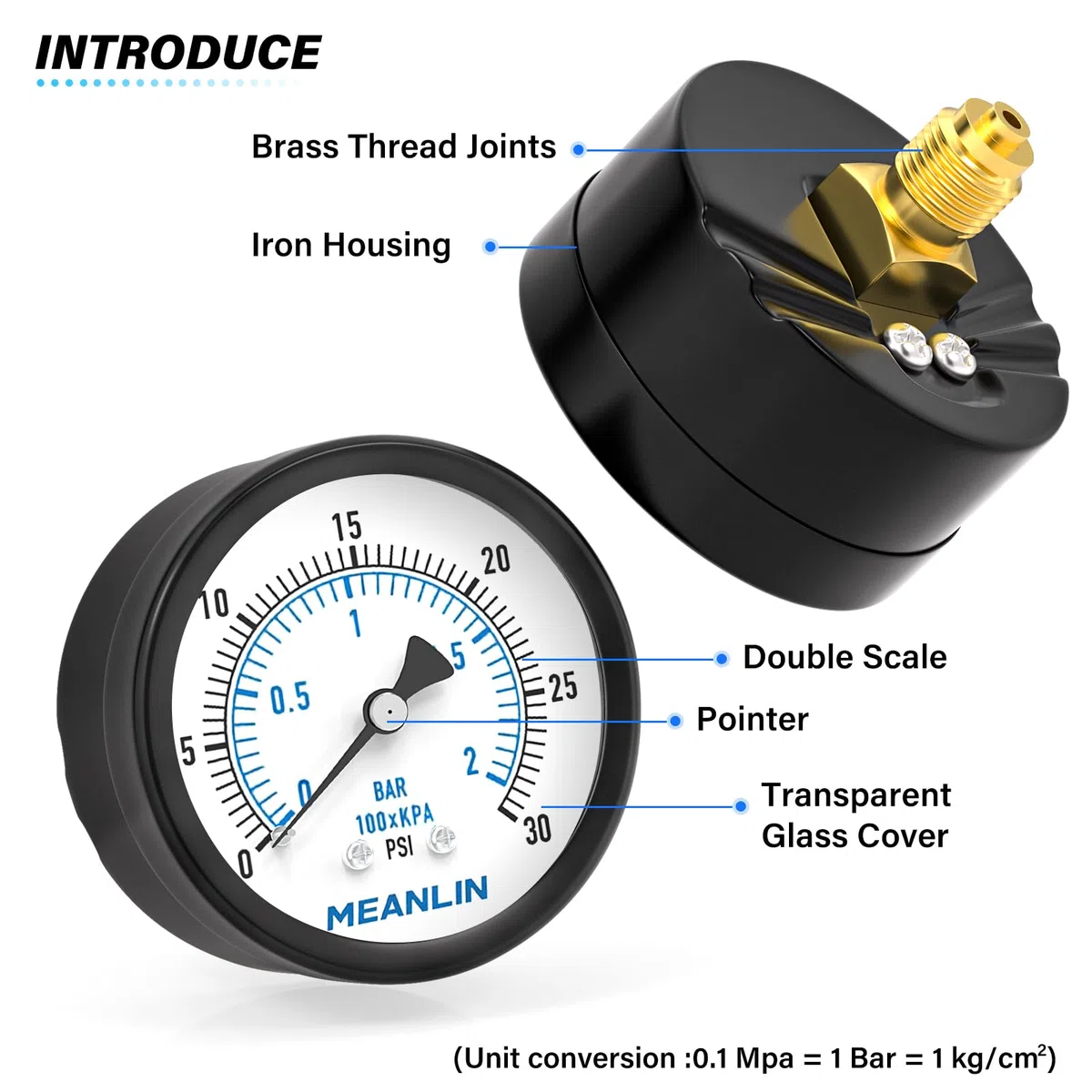 MEANLIN MEASURE 0~2BAR/0~30PSI Brunnenpumpe Druckmesser 2"DIAL FACE 1/4"BSP, mit 1/4"x 1/2"BSP und 1/4"x 3/8"BSP Hex Bushing, Pool Sand Filter Wasser Öl Luftdruck Test Center Back Mount