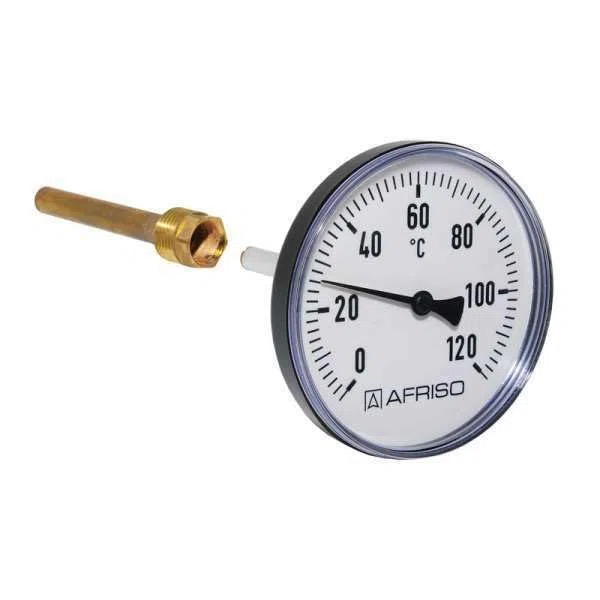 Bimetall Thermometer Kunststoff mit Tauchhülse 0-120°C Gehäuse-Ø 63, 80 oder 100 mm Anschluss axial hinten Heizung Sanitär (Durchmesser 100 mm/Schaftlänge 40 mm)