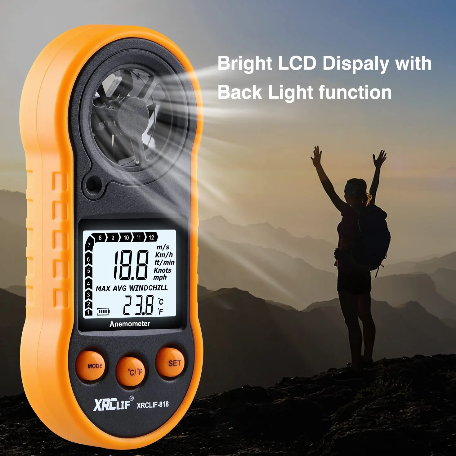 Digitales Anemometer Handheld, Windgeschwindigkeitsmesser Windmesser Luftstromgeschwindigkeitsmesser zur Messung von Windkälte Temperatur Geschwindigkeit, Windmesser Thermometer Messgerät für Schießen