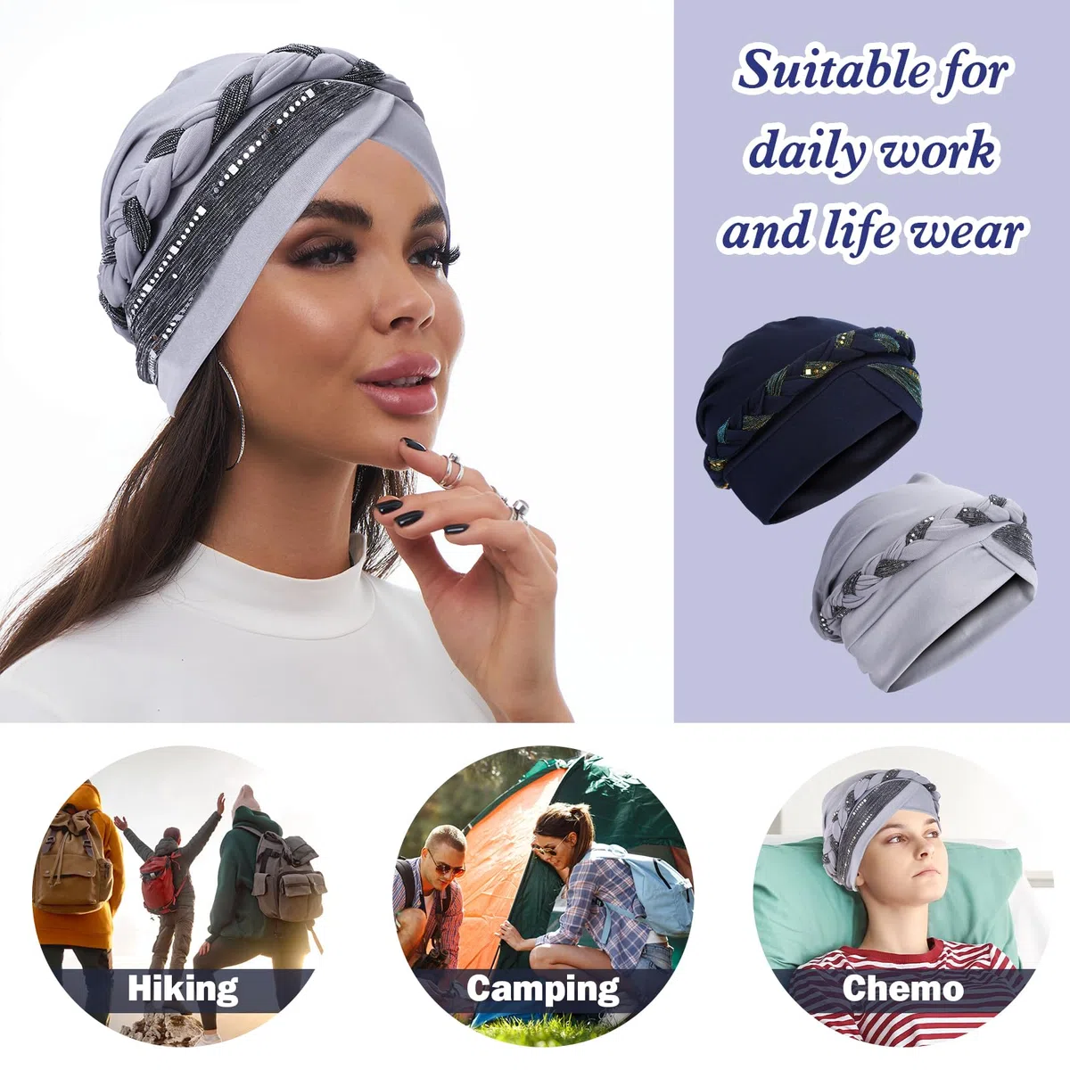 XEPST 2 Stück Chemo Turban für Damen, Kopfbedeckung Beanie Mütze Sonnenschutz Kopf Damen Krebs Patienten Haarausfall Schlafhaube für Frauen