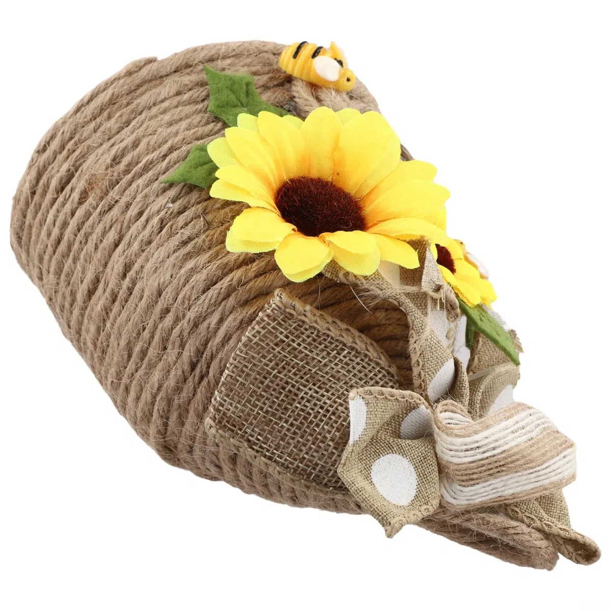 Handgefertigter Bienenstock-Dekor mit Hanfseil und Holzbienen mit Sonnenblume und Band, rustikales Bienenhaus für Innen- und Außenbereich (B und B)