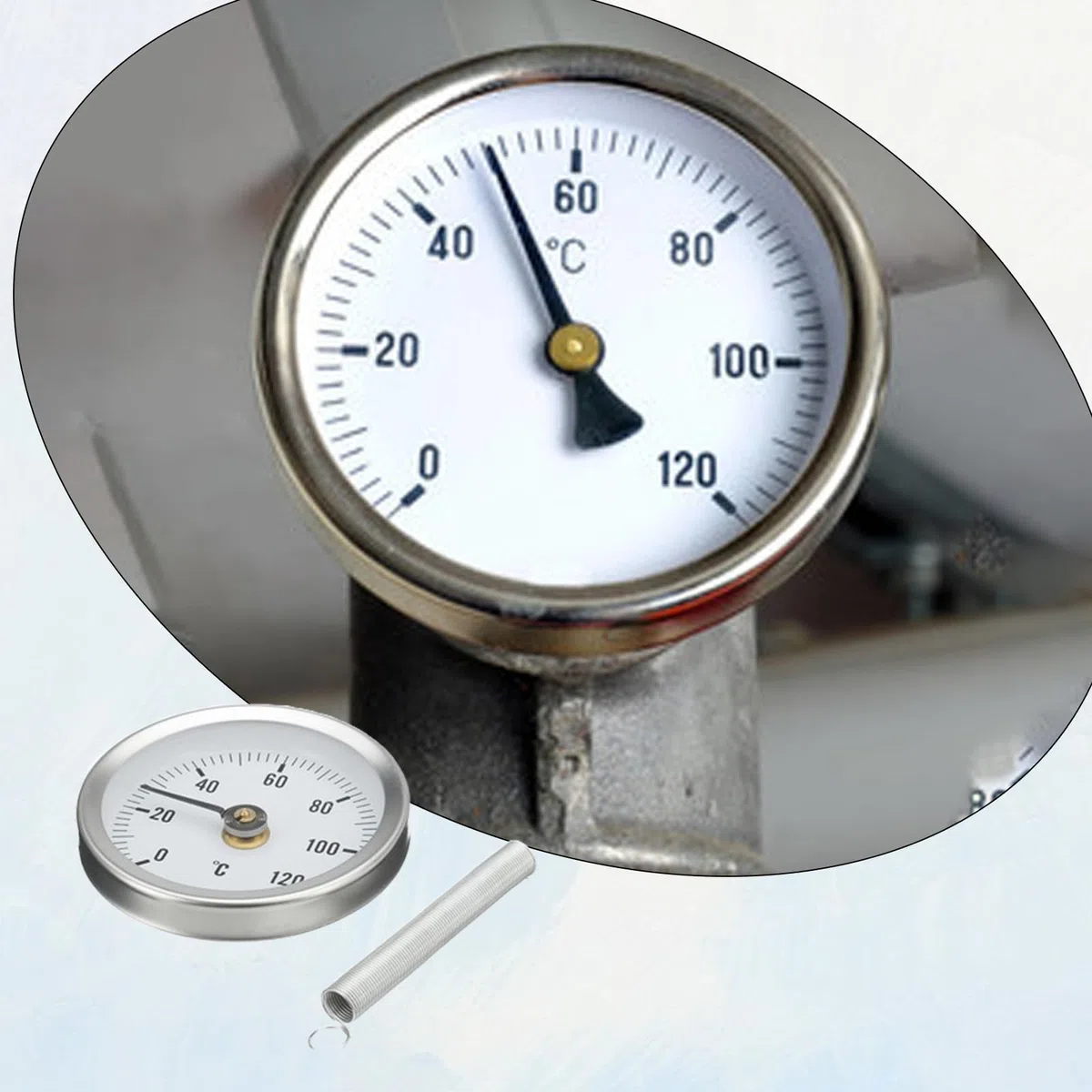 ANBOO Anlegethermometer Heizungsrohr 2er Pack - Präzise Rohrfeder Thermometer 0-120 ℃, Edelstahl Clip-On Design 63mm
