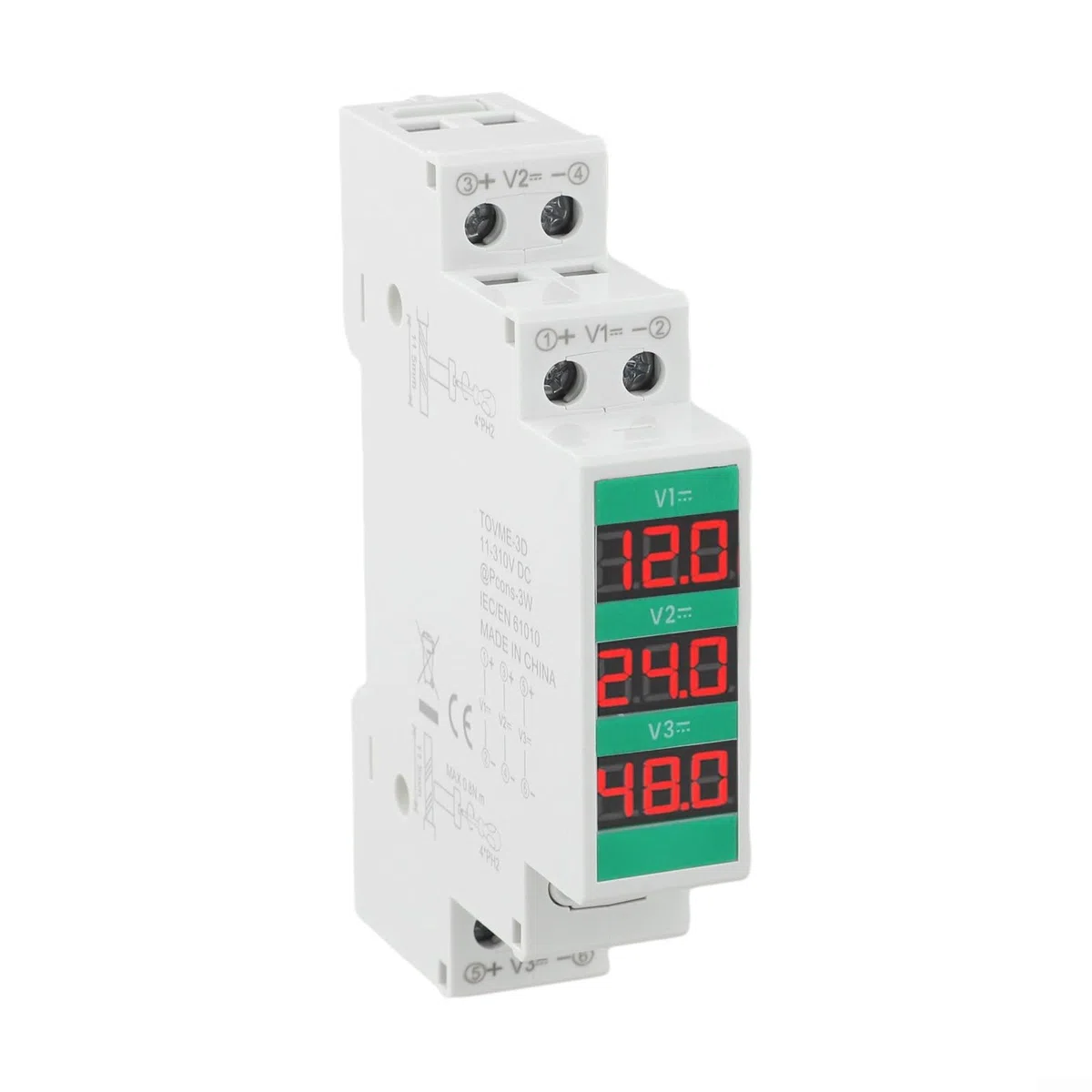 DC Spannungsmesser für DIN-Schienenmontage, 11V-310V LED-Digitalanzeige, 2/3-Wege-Modular-Voltmeter, Echtzeitmessung, industrieller Einsatz (TOVME-3D)