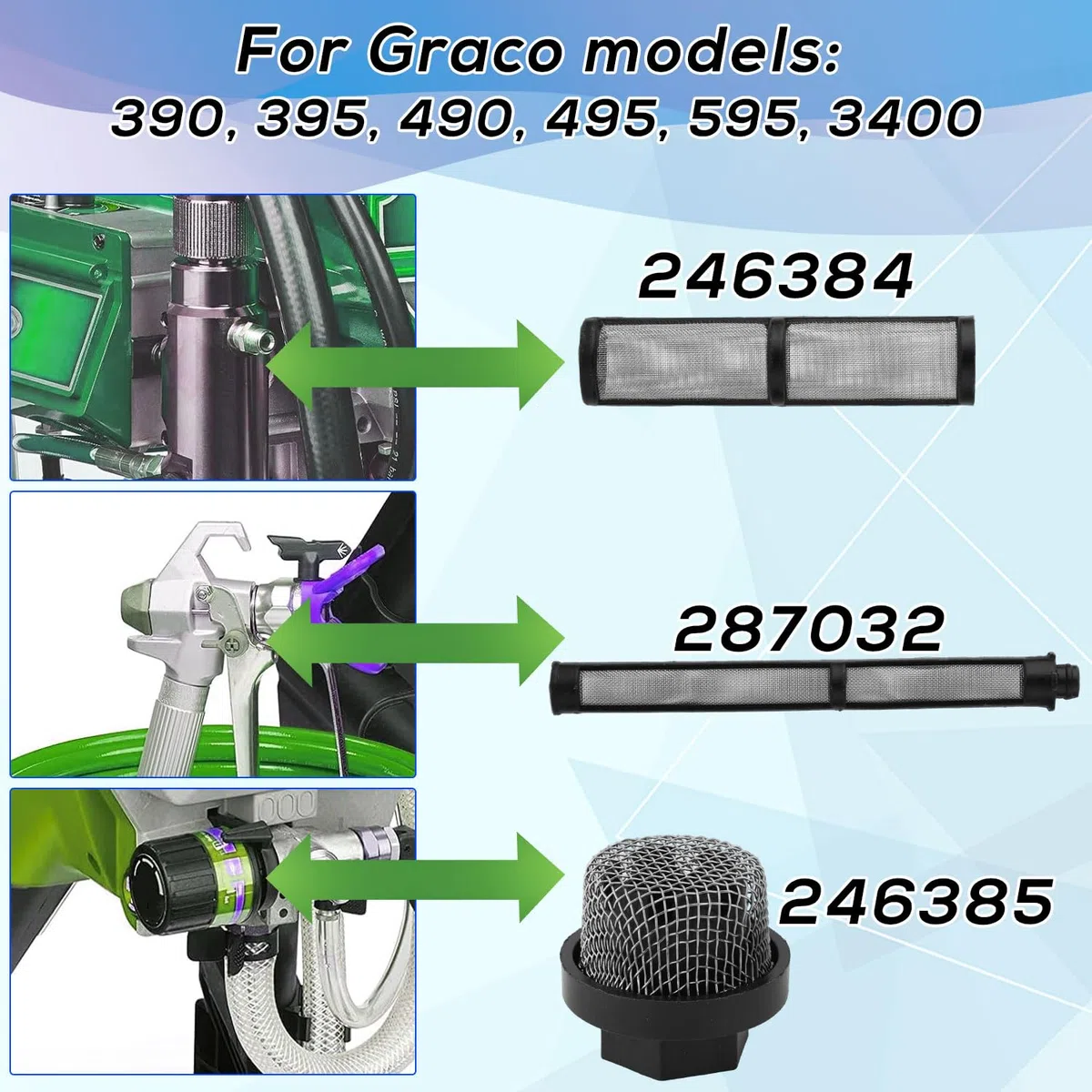 12stk 246385 287032 246384 Filtersatz Ersatz für Graco, Spritzpistolenfilter Saugrohrfilter Sieb Pumpenverteilerfilter Sieb Kompatibel mit Graco 390 395 490 495 495 595 3400