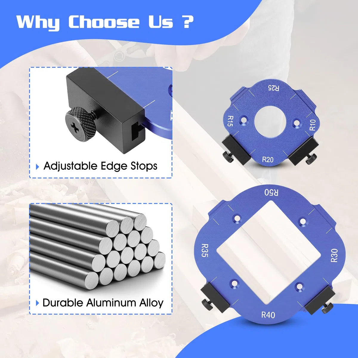 Frässchablone für Oberfräse, 2 Stück Radius Jig Router Schablone, Aluminiumlegierung Ecke Radius Schablone für Holzbearbeitung R10 R15 R20 R25 R30 R35 R40 R50 (Blau)