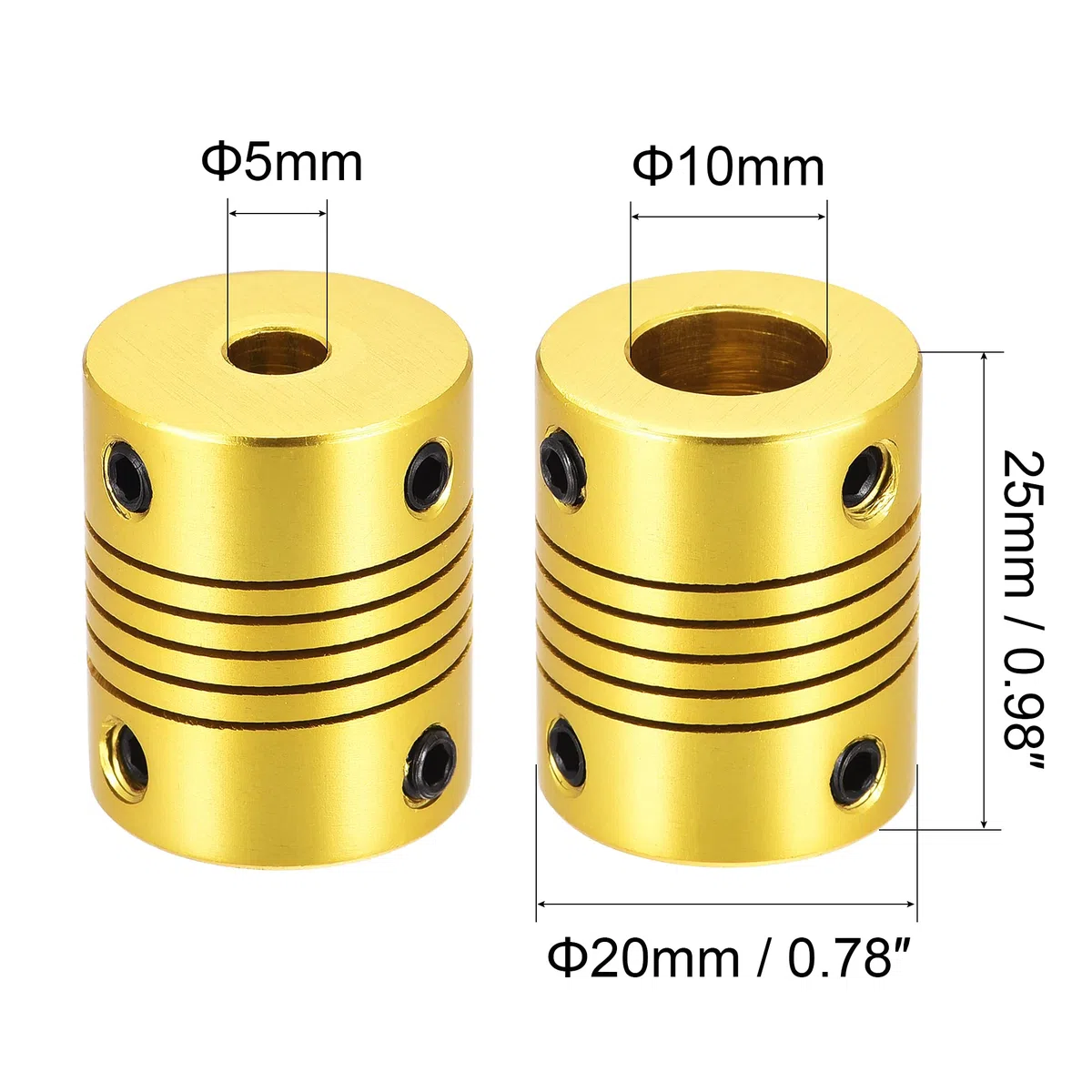 sourcing map 5Stk. 10mm bis 5mm Aluminiumlegierung Flexible Wellenkupplung L25xD20 Goldton