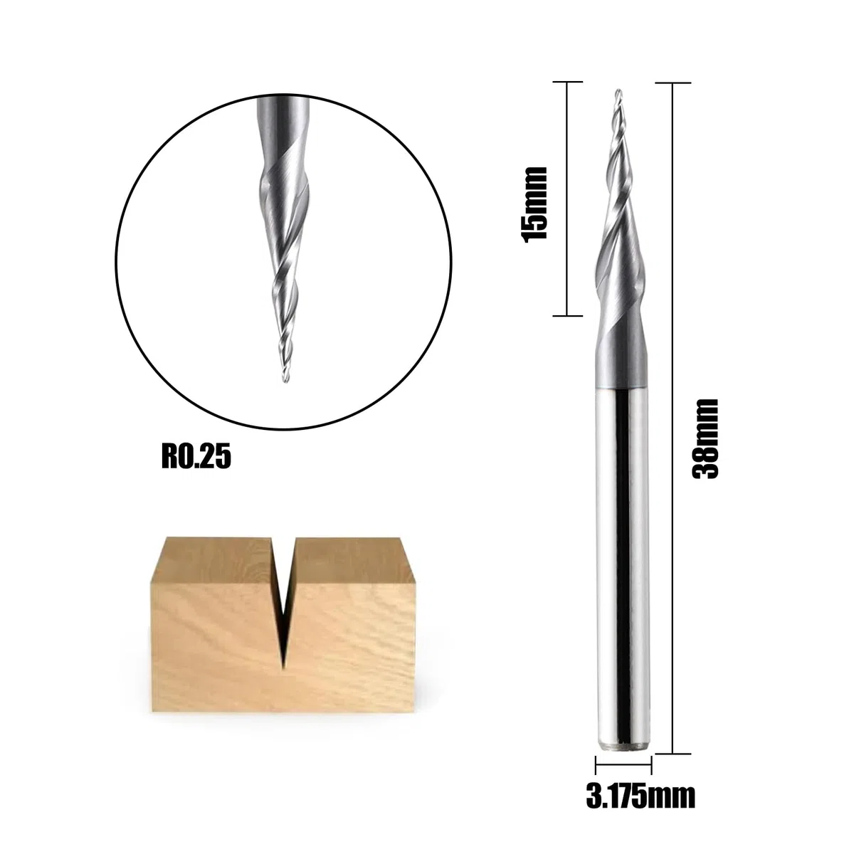 2 Stück 2 Flöten Kugelkopffräser mit Konischer Spitze CNC Gravierfräser R0,25mm 3,175mm (1/8") Schaft Vollhartmetallfräser für Oberfräse mit TiAlN Beschichtung für 2D und 3D Gravur