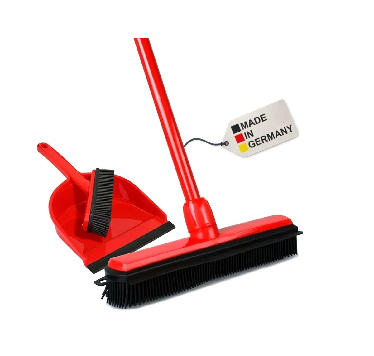 BawiTec Gummibesen Noppenbesen Friseurbesen-Set Kehrgarnitur Teleskopstiel Stiel Handfeger Kehrschaufel Tierhaare Besen Kunststoffbesen Tierhaarbesen Kunststoff Gummi (Rot, Schwarz)