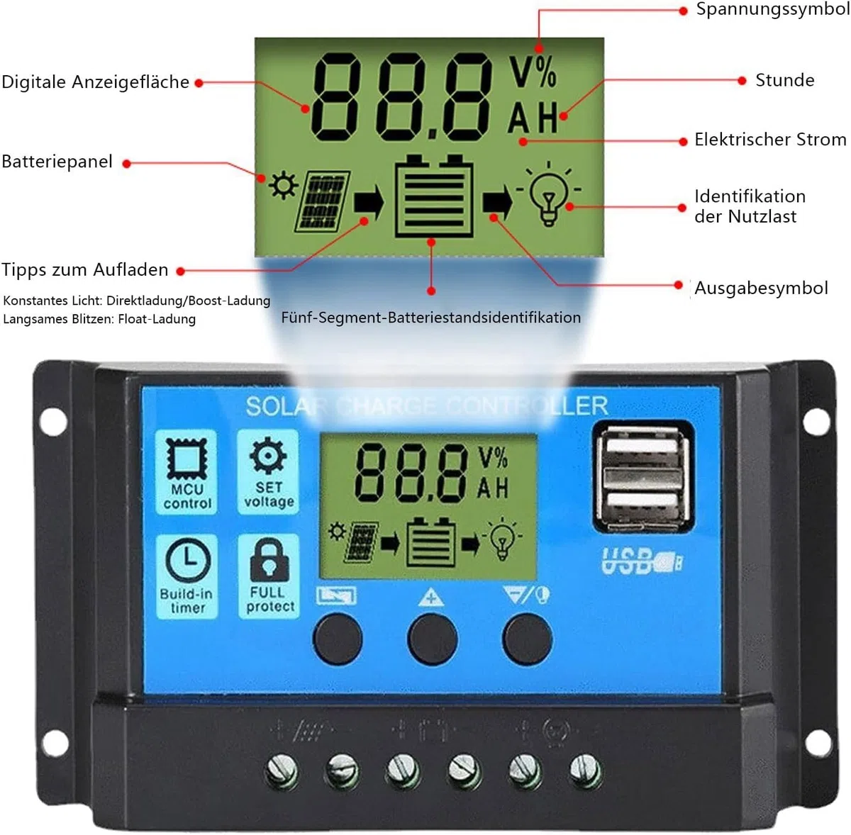30A 12V/24V Solar Laderegler Solar Ladegerät Controller Solarpanel Batterie Intelligente Solarregler mit 5V Dual USB Port LCD Anzeige für Blei Säure Batterien