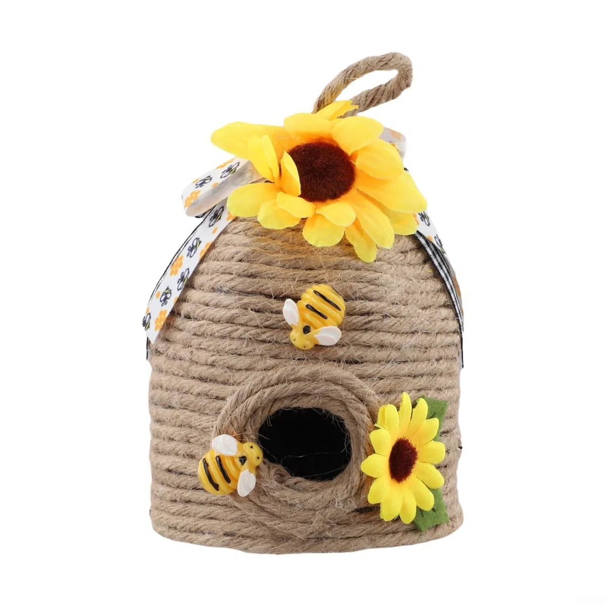 Handgefertigter Bienenstock-Dekor mit Hanfseil und Holzbienen mit Sonnenblume und Band, rustikales Bienenhaus für Innen- und Außenbereich (B und B)