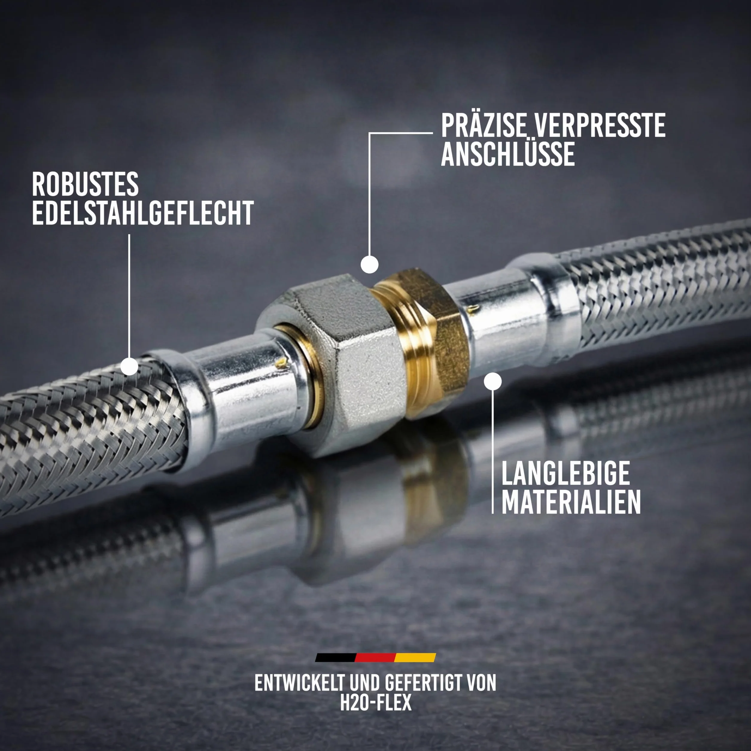 Panzerschlauch 3/4"ÜM x 3/4"ÜM, Trinkwasserzulassung, DN19, Edelstahl, Länge 30 cm, "Made in Germany"
