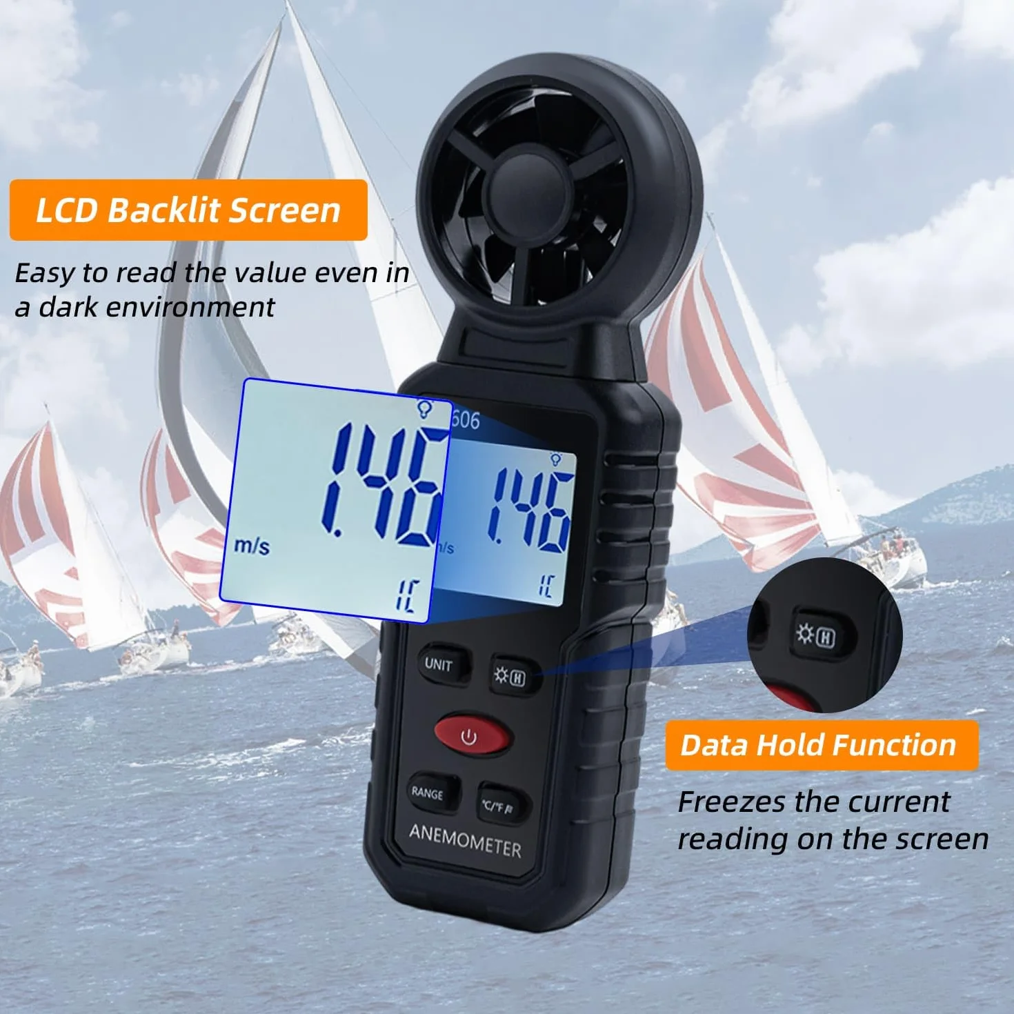 Mcbazel 3 in 1 Handheld Digital Anemometer Windmesser, Windmessgerät zur Messung der Windgeschwindigkeit, Temperatur, Windchill für HAVC, Drohne, Segeln, Angeln