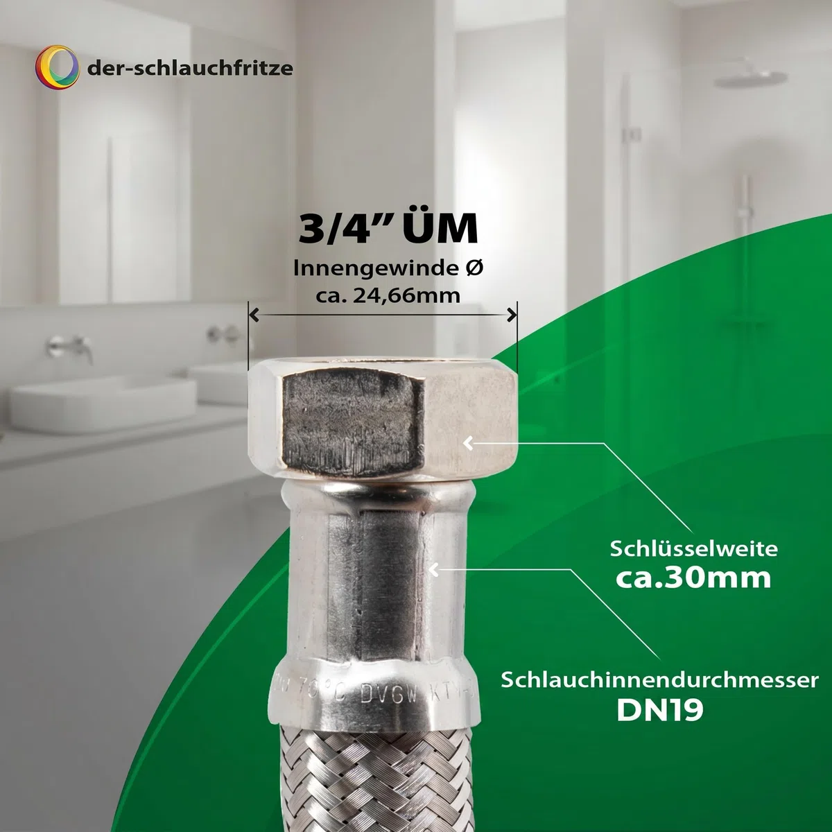 Panzerschlauch 3/4"ÜM x 3/4"ÜM, Trinkwasserzulassung, DN19, Edelstahl, Länge 30 cm, "Made in Germany"