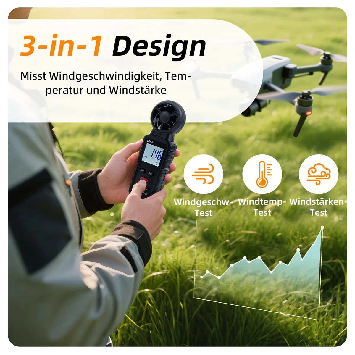 Digitaler Windmesser Anemometer Handheld, 3 in 1 Windmessgerät mit Windgeschwindigkeit, Temperatur & Windchill Messung, Beaufort-Skala 1-12, 5 Einheiten, MAX/MIN/AVG, für HVAC/Drohne/Outdoor