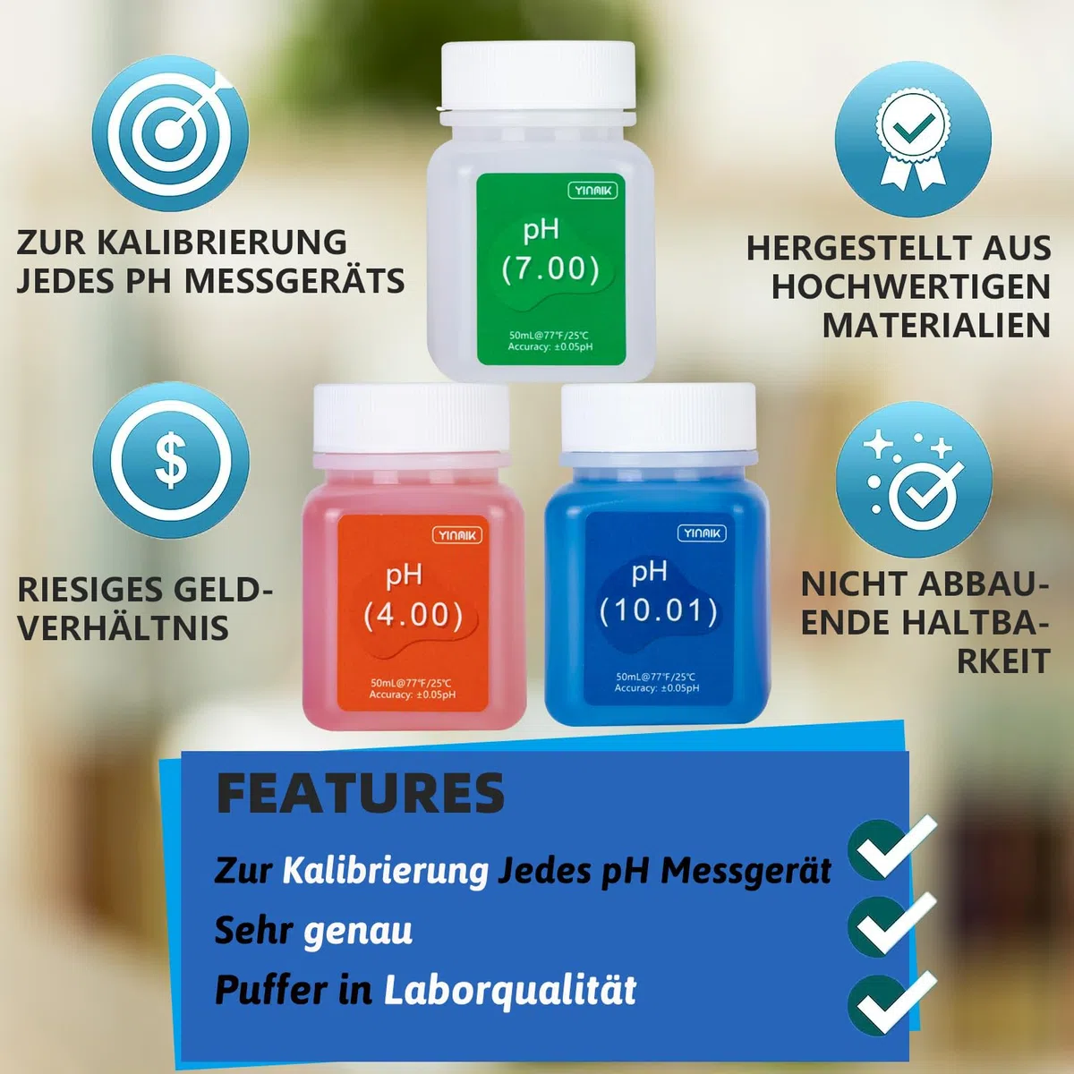YINMIK pH Messgerät Kalibrierung Slösungs Kit (4.00, 7.00 und 10.01) mit pH Schutzlösungs Set, 3 Flaschen 50 ml pH Kalibrierung Spufferlösung und 2 Flaschen 10 ml KCL pH Sondenlösung für pH Messgerät