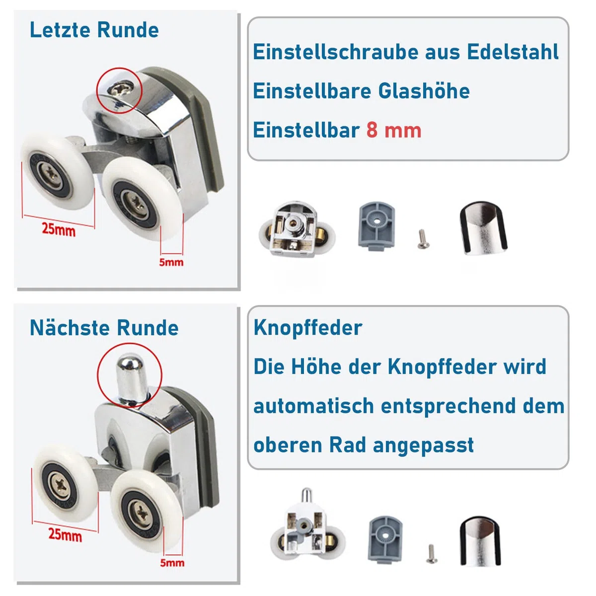 8 Stück Duschtürrollen Ø 25 mm, Robuste Zinklegierung Laufrollen für Schiebetüren Duschkabinen, Leise Rostfrei Ersatzrollen für 4-6 mm Glas Badezimmer, 4 Oben 4 Unten Duschkabinen Ersatzteile