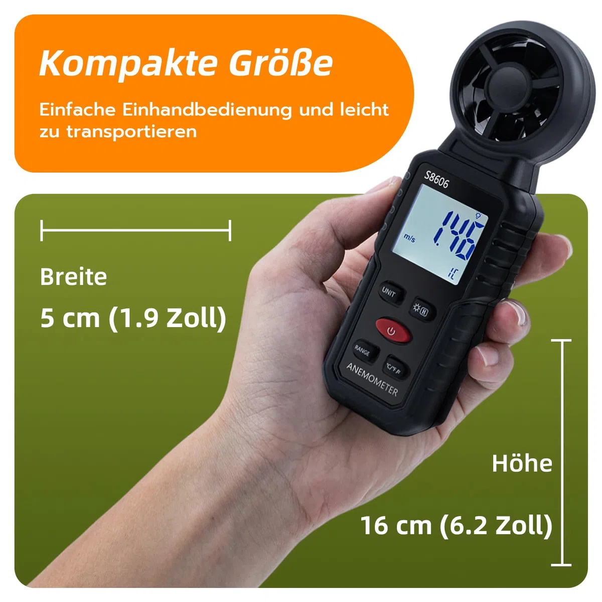 Digitaler Windmesser Anemometer Handheld, 3 in 1 Windmessgerät mit Windgeschwindigkeit, Temperatur & Windchill Messung, Beaufort-Skala 1-12, 5 Einheiten, MAX/MIN/AVG, für HVAC/Drohne/Outdoor