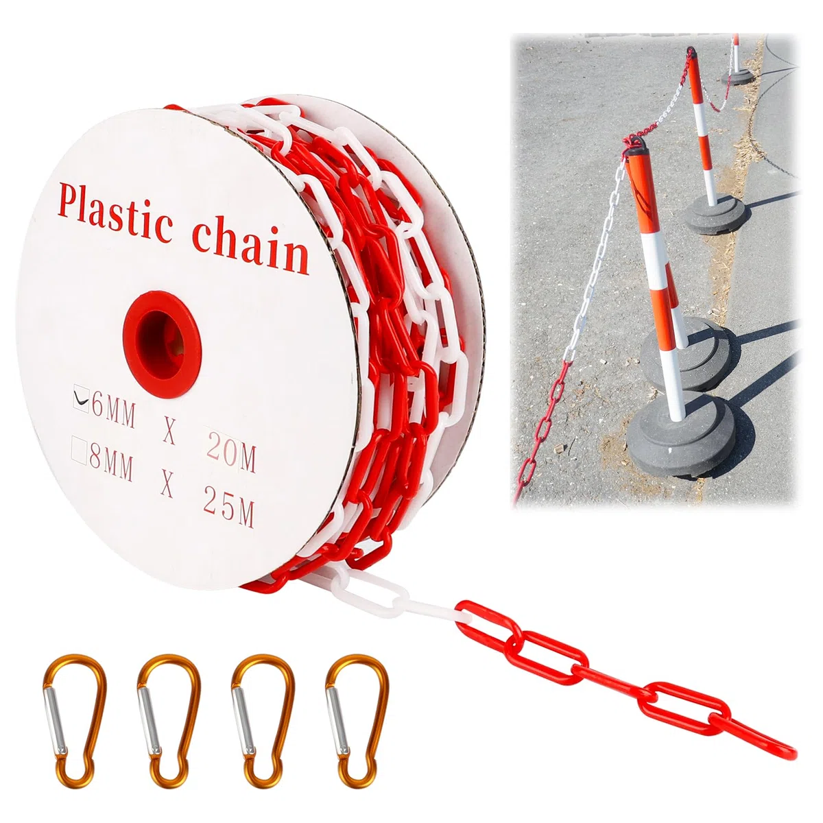 20m Absperrkette, Rot Weiß Kunststoff Plastikkette, 6mm Stärke Absperrung Kette, Parkplatz Absperrung Kunststoffkette für Barrieren in Arbeitsplätzen Garagen Auffahrten