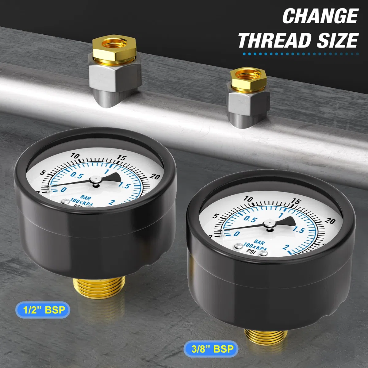 MEANLIN MEASURE 0~2BAR/0~30PSI Brunnenpumpe Druckmesser 2"DIAL FACE 1/4"BSP, mit 1/4"x 1/2"BSP und 1/4"x 3/8"BSP Hex Bushing, Pool Sand Filter Wasser Öl Luftdruck Test Center Back Mount