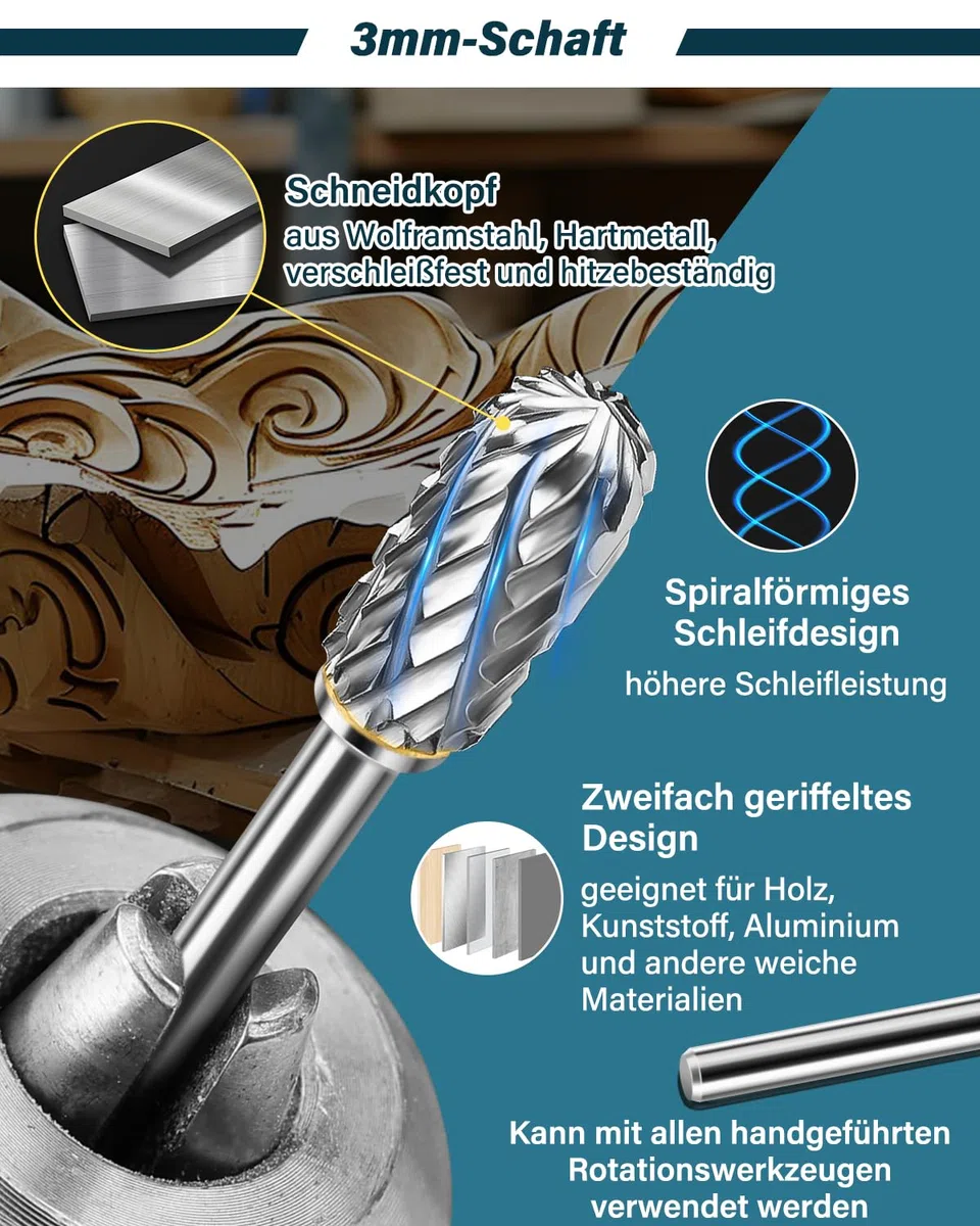 Hartmetall Frässtifte Set, Lytool 12 Stück Doppelschnitt Rotationsfräser mit 3mm Schaft, Dremel Zubehör für Holz Schnitzen, Metallpolieren, Gravieren, Schleifen und Bohren