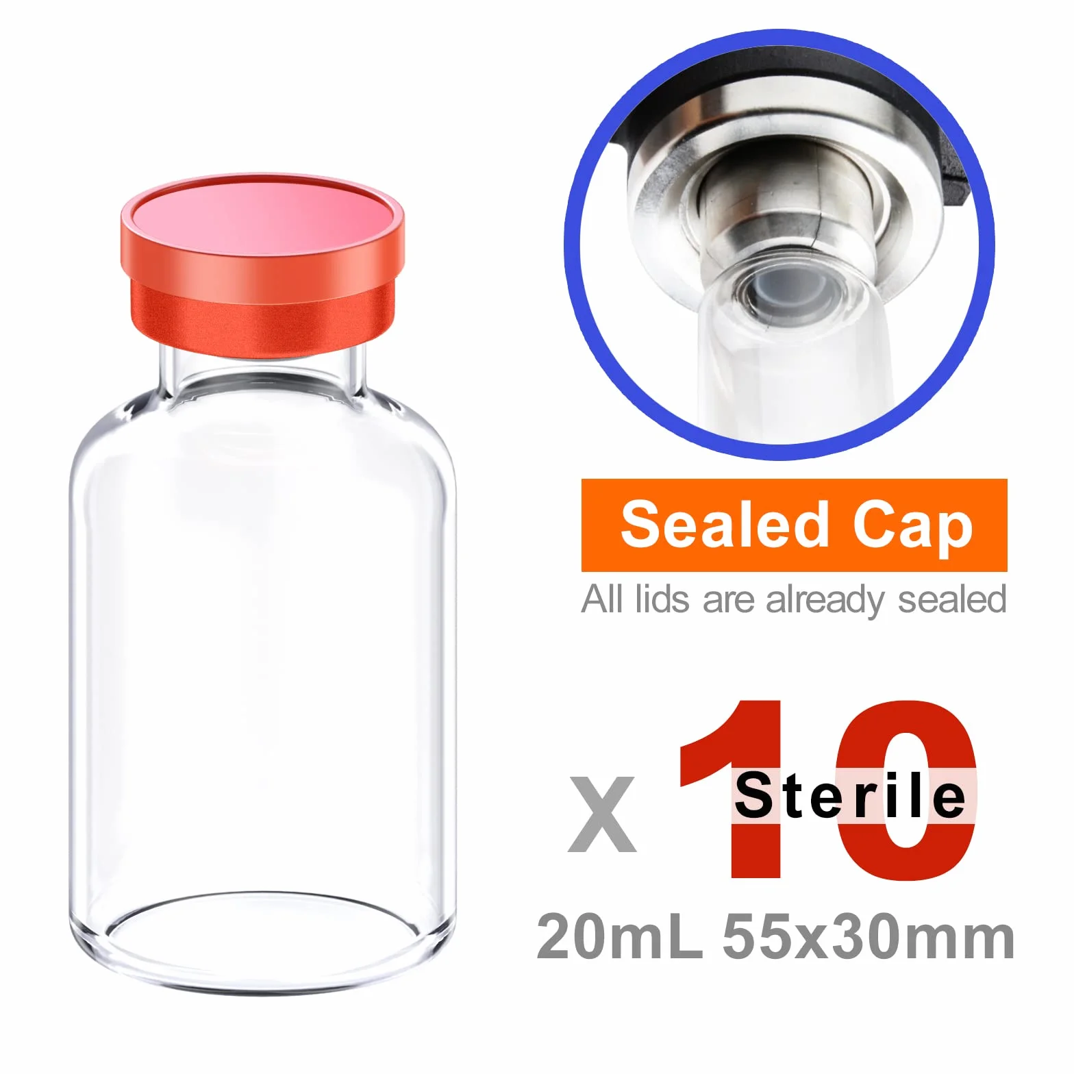 Sterile leere Ampullen mit selbstheilendem Injektionsanschluss und Aluminium-Kunststoffkappe, sterile Verpackung (20 ml, transparent, 10 Stück)