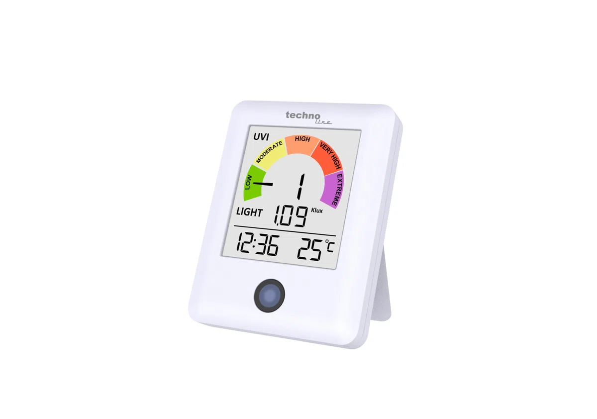technoline WS9320 UV-Strahlungsmonitor mit UV-Index & Lichtmesser | Echtzeit UV-Messung alle 60 Sekunden | Innenraumtemperatur & Uhrzeit | UV-Warner mit Farbskala | Lichtintensitätsmesser bis 300 Klux
