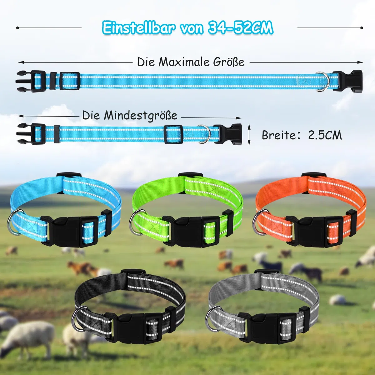 5 Stück Reflektierend Ziegen Halsbänder mit Glöckchen, Verstellbare Nylon Schaf Halsbänder,auf der Weide Kuhglocken für Kleine Nutztiere Ziege Schaf und Kuh mit Anti-Verlust-Halsband