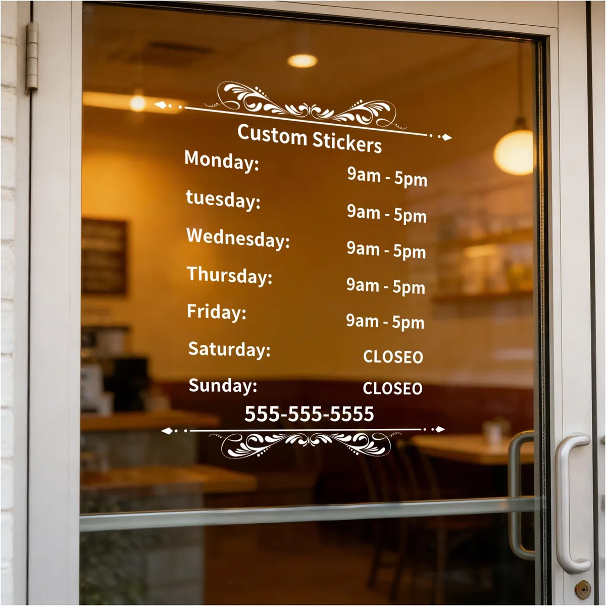 Personalisierte Öffnungszeiten Aufkleber für Schaufenster & Glastür, Vinyl Beschriftung, mit Firmenname, Kontakt & Text, für Laden, Büro, Café, Salon
