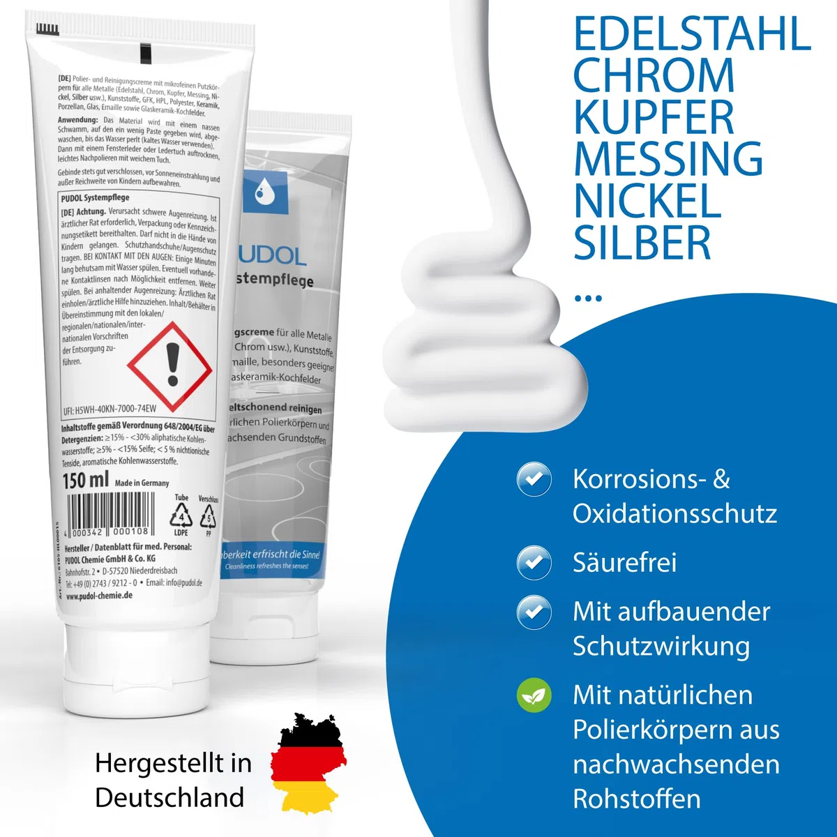 Systempflege (2 x 150ml) – professionelle Reinigung & Pflege für alle Metalle wie Edelstahl, Aluminium & Chrom sowie für Kunststoff, Keramik, Glas & Emaille – für Haushalt, Werkstatt & Gewerbe