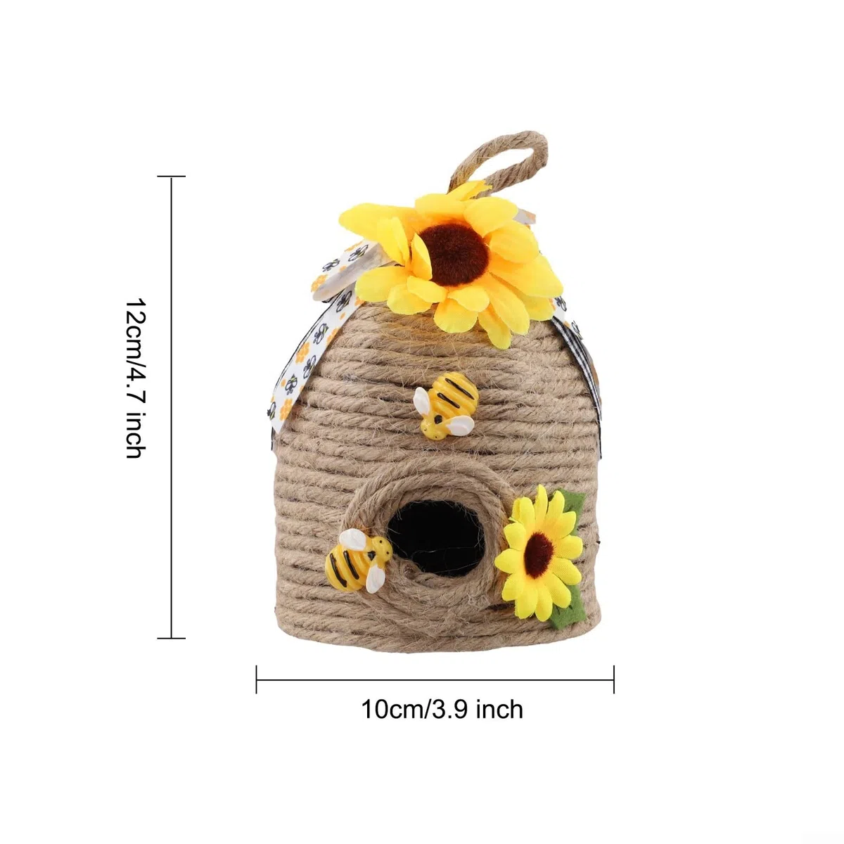 Handgefertigter Bienenstock-Dekor mit Hanfseil und Holzbienen mit Sonnenblume und Band, rustikales Bienenhaus für Innen- und Außenbereich (B und B)