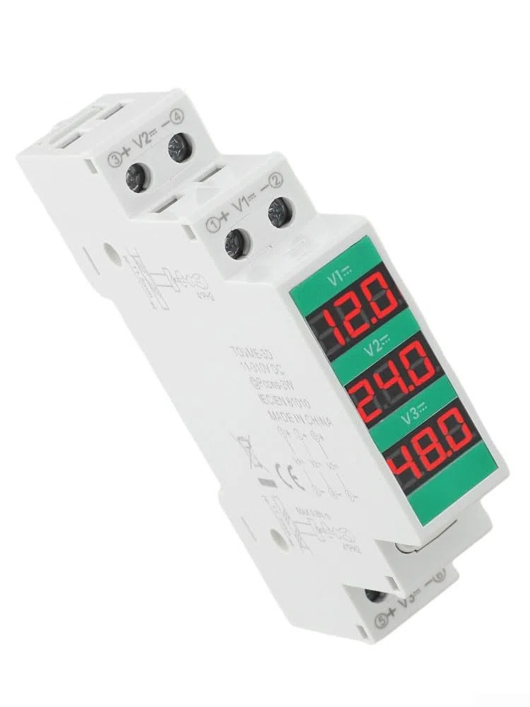DC Spannungsmesser für DIN-Schienenmontage, 11V-310V LED-Digitalanzeige, 2/3-Wege-Modular-Voltmeter, Echtzeitmessung, industrieller Einsatz (TOVME-3D)