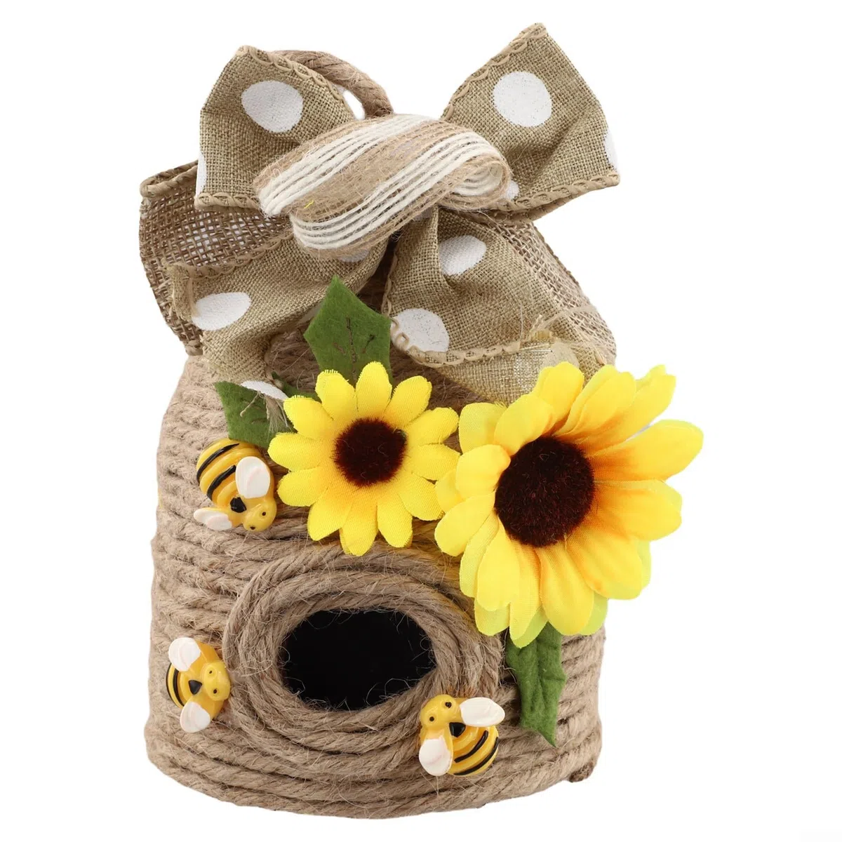 Handgefertigter Bienenstock-Dekor mit Hanfseil und Holzbienen mit Sonnenblume und Band, rustikales Bienenhaus für Innen- und Außenbereich (B und B)