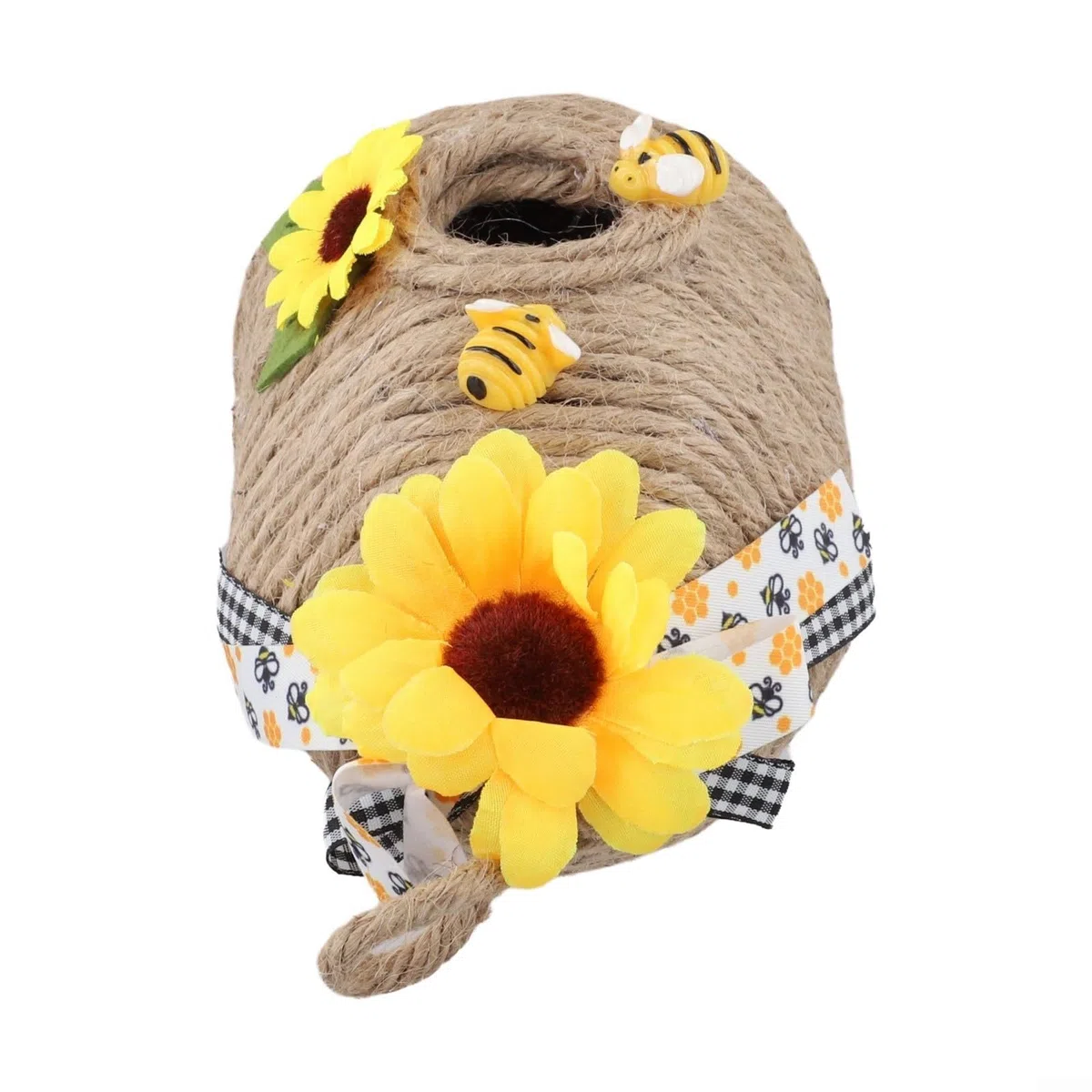 Handgefertigter Bienenstock-Dekor mit Hanfseil und Holzbienen mit Sonnenblume und Band, rustikales Bienenhaus für Innen- und Außenbereich (B und B)